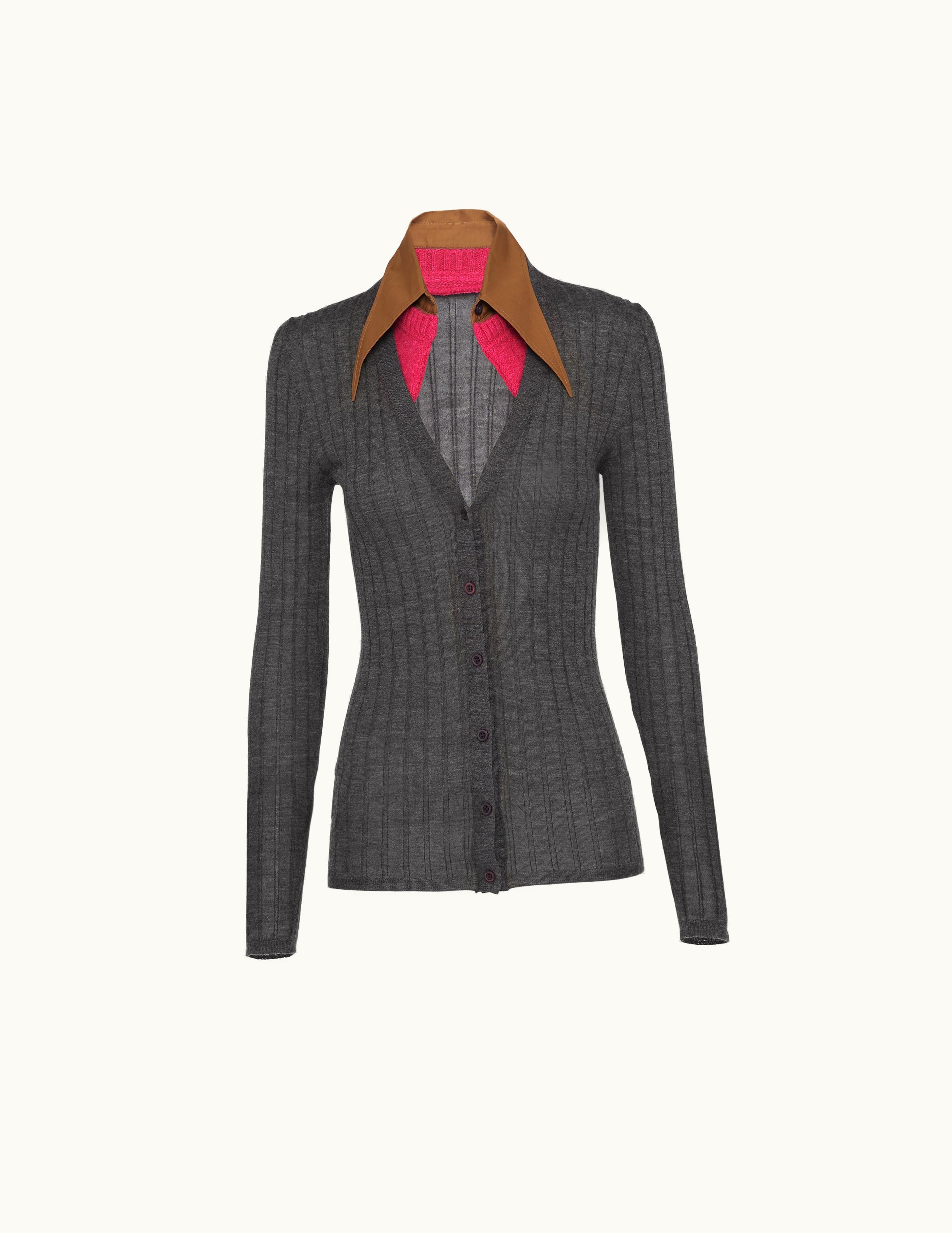 Prada Prada Slate Gray Cashmere And Silk Cardigan With Collar