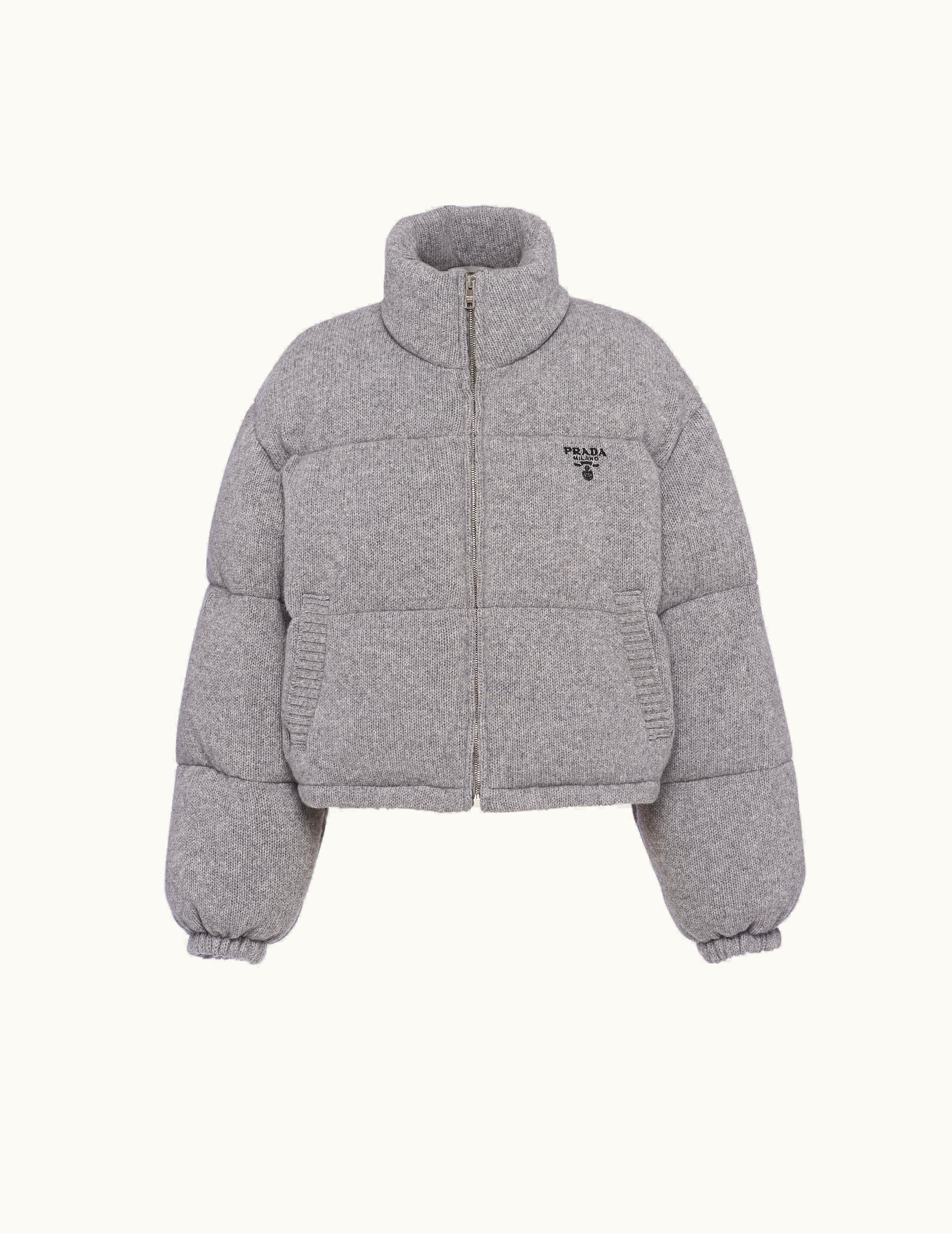 Prada Prada Grey Boxy Wool And Cashmere Knit Puffer Jacket