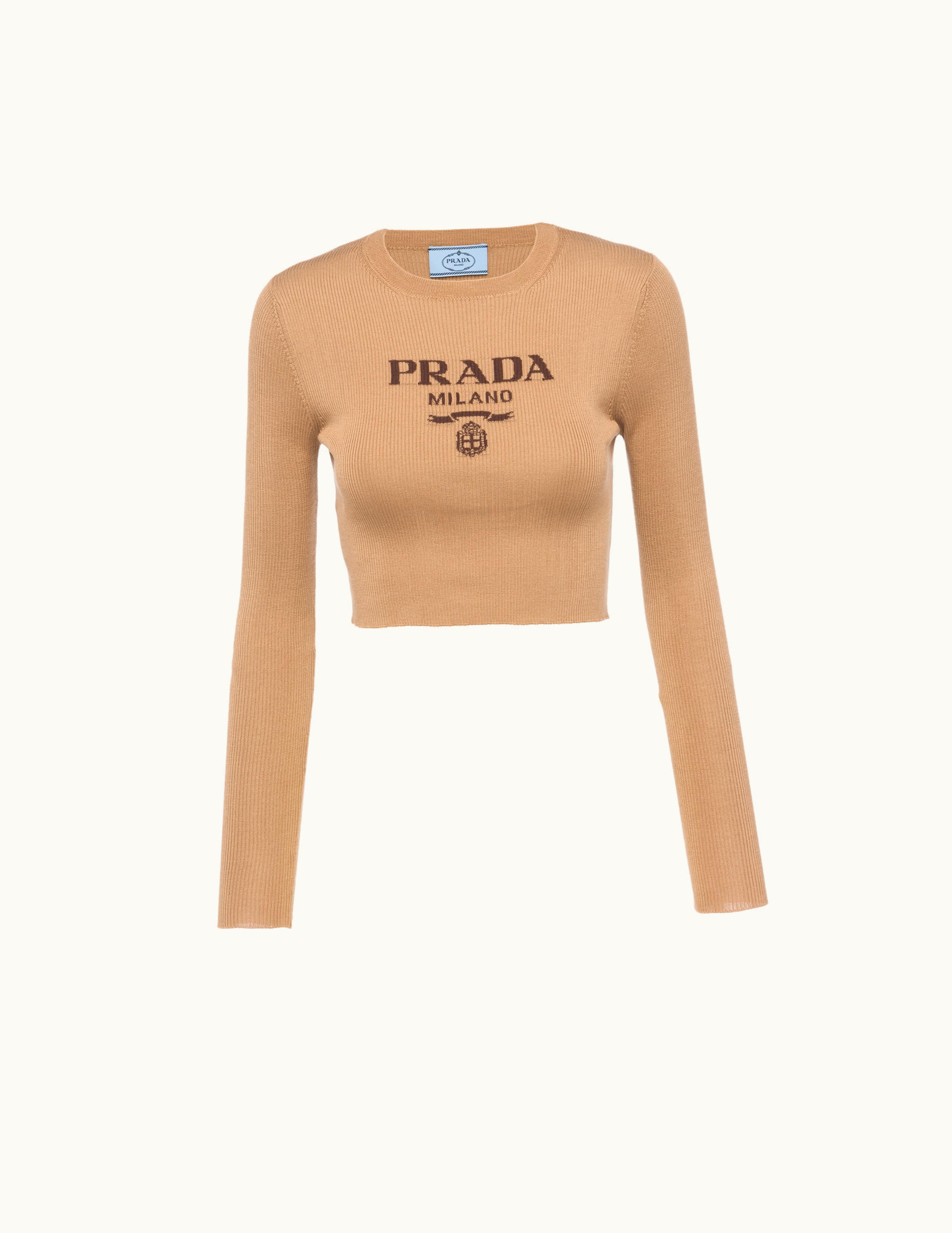 Prada Prada Camel Brown Cropped Silk Sweater With Logo