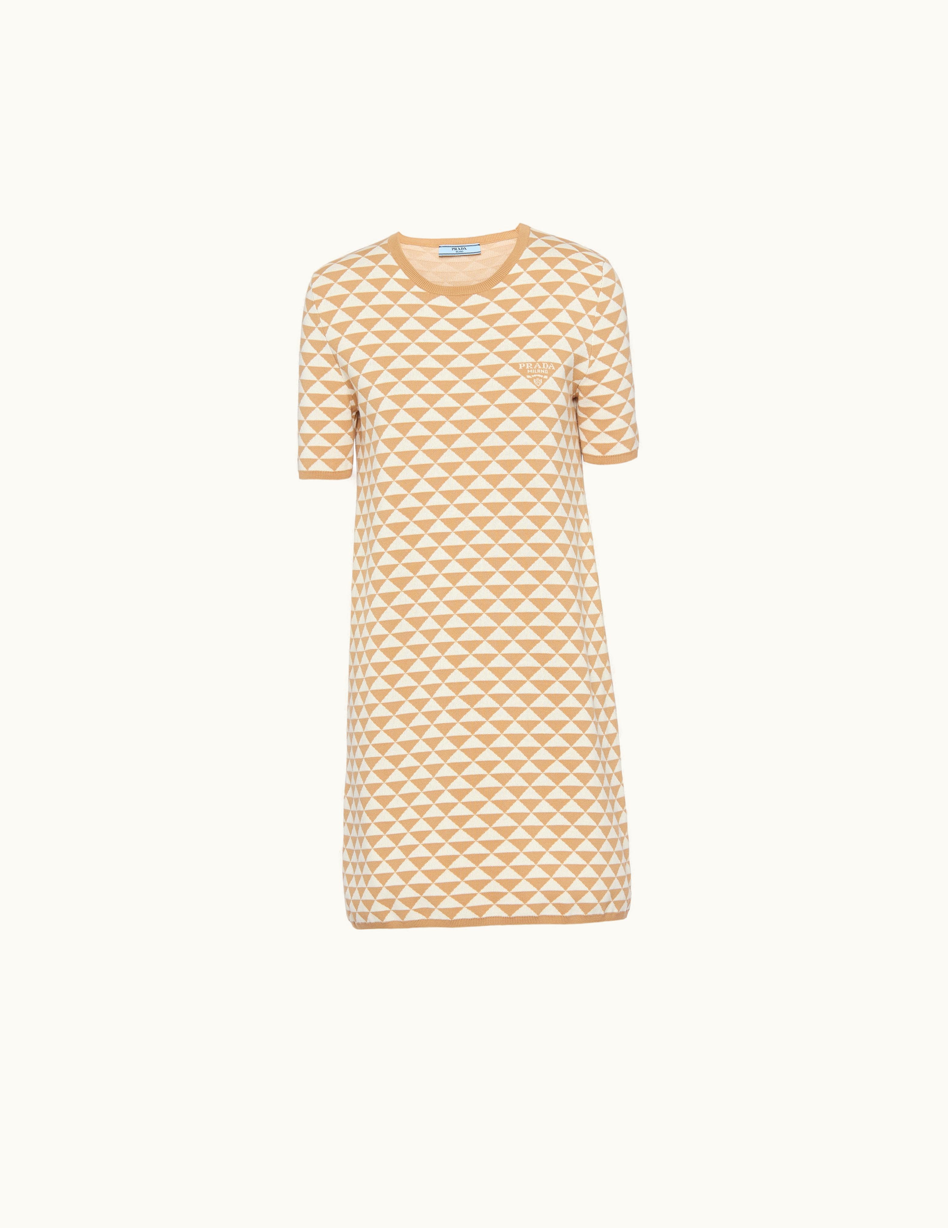 Prada Prada Beige / Ivory Jacquard Cotton Crew-neck Dress