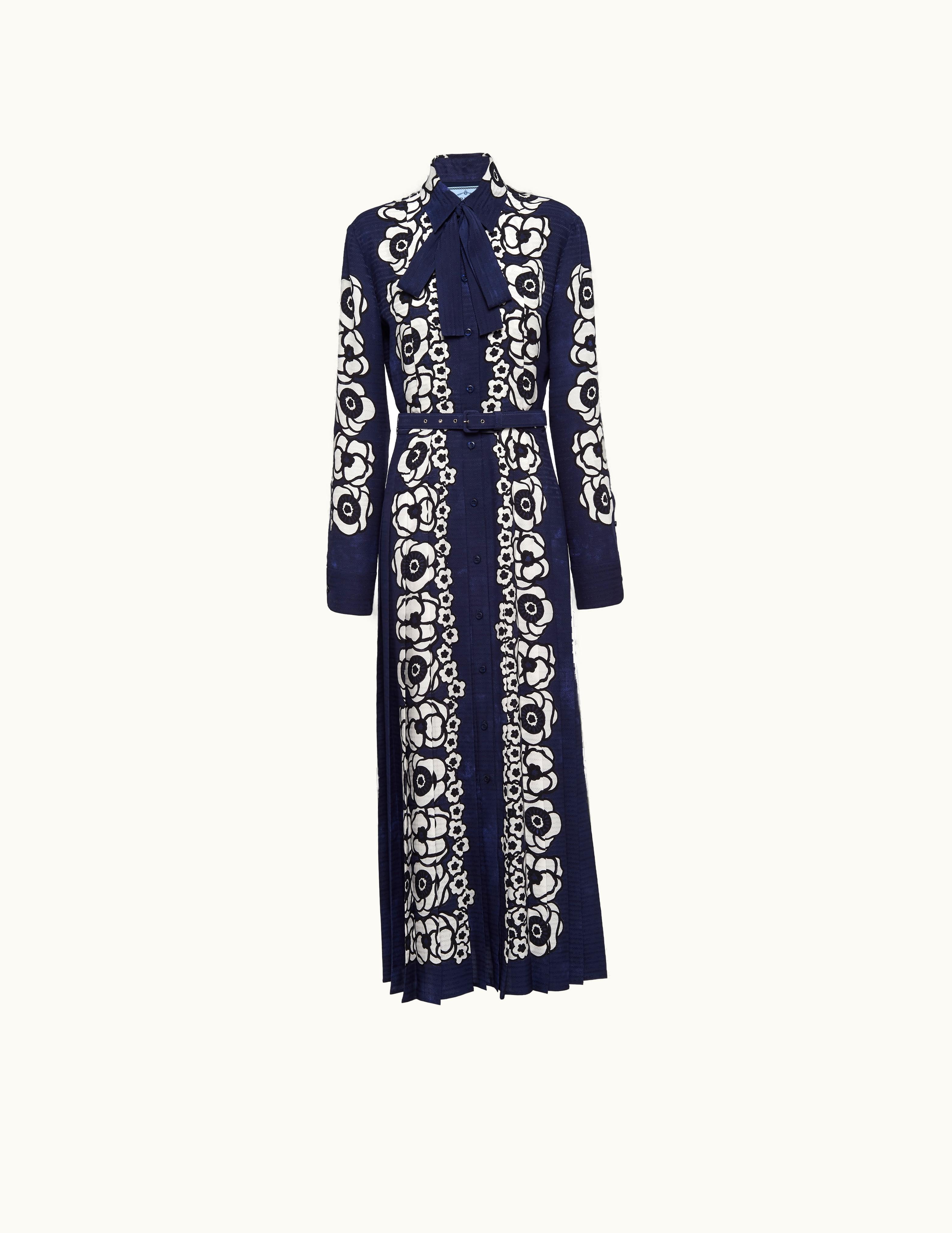 Prada Prada Blue / Beige Printed Crepe De Chine Pleated Dress