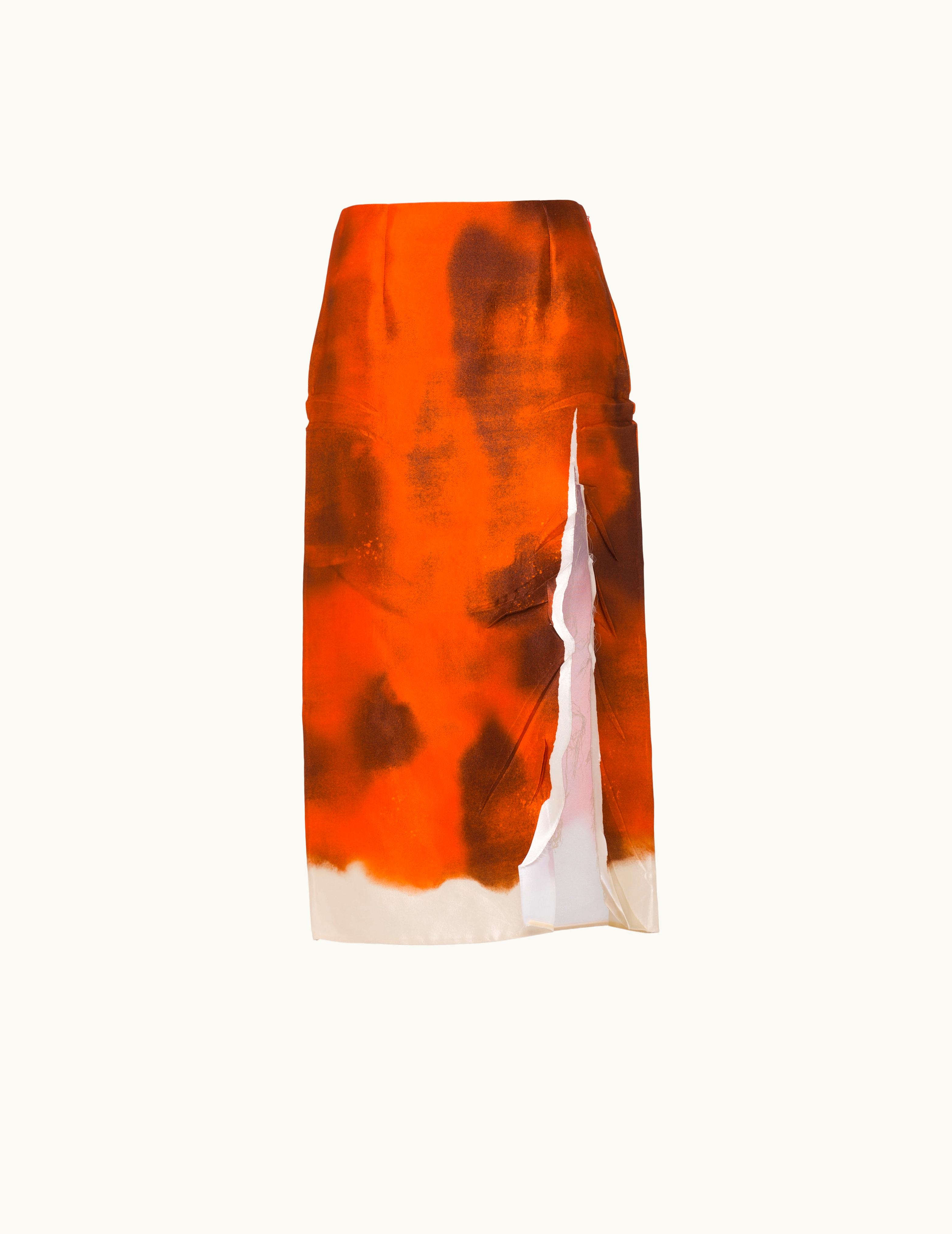 Prada Prada Orange Printed Satin Midi Skirt With Slit