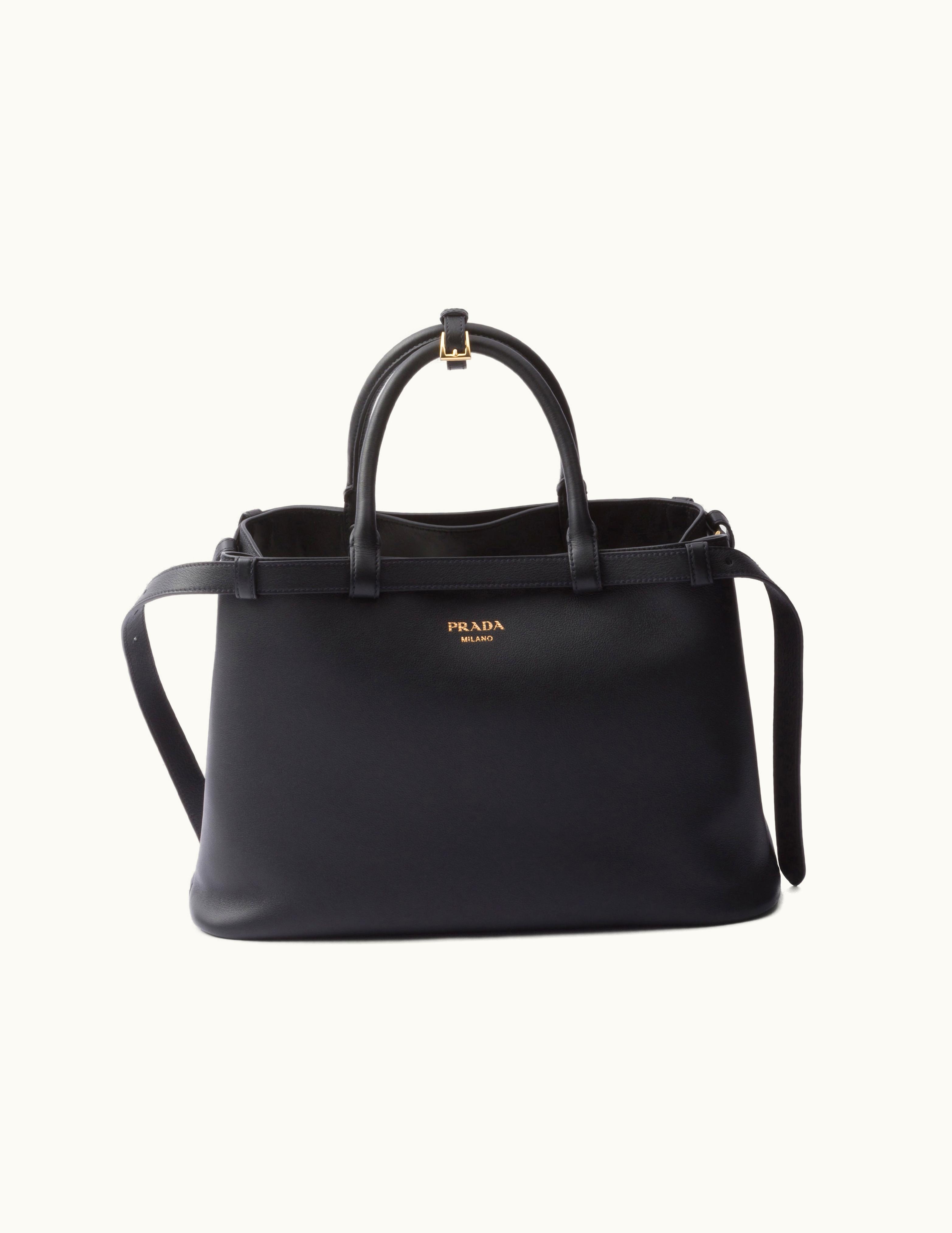 Prada Black Prada Buckle Medium Leather Handbag With Double Belt