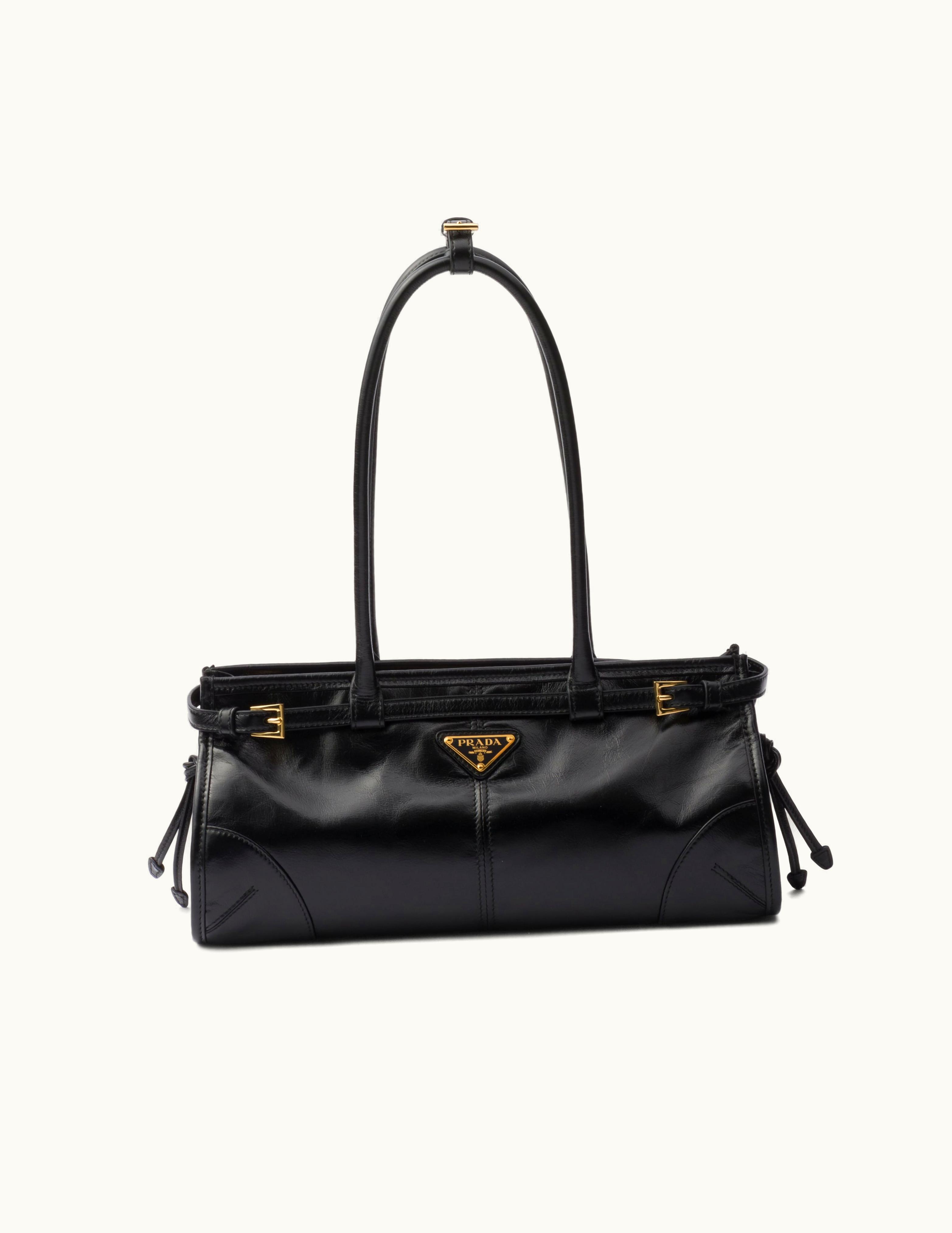 Prada Prada Black Medium Leather Handbag with Enameled Metal Triangle Logo