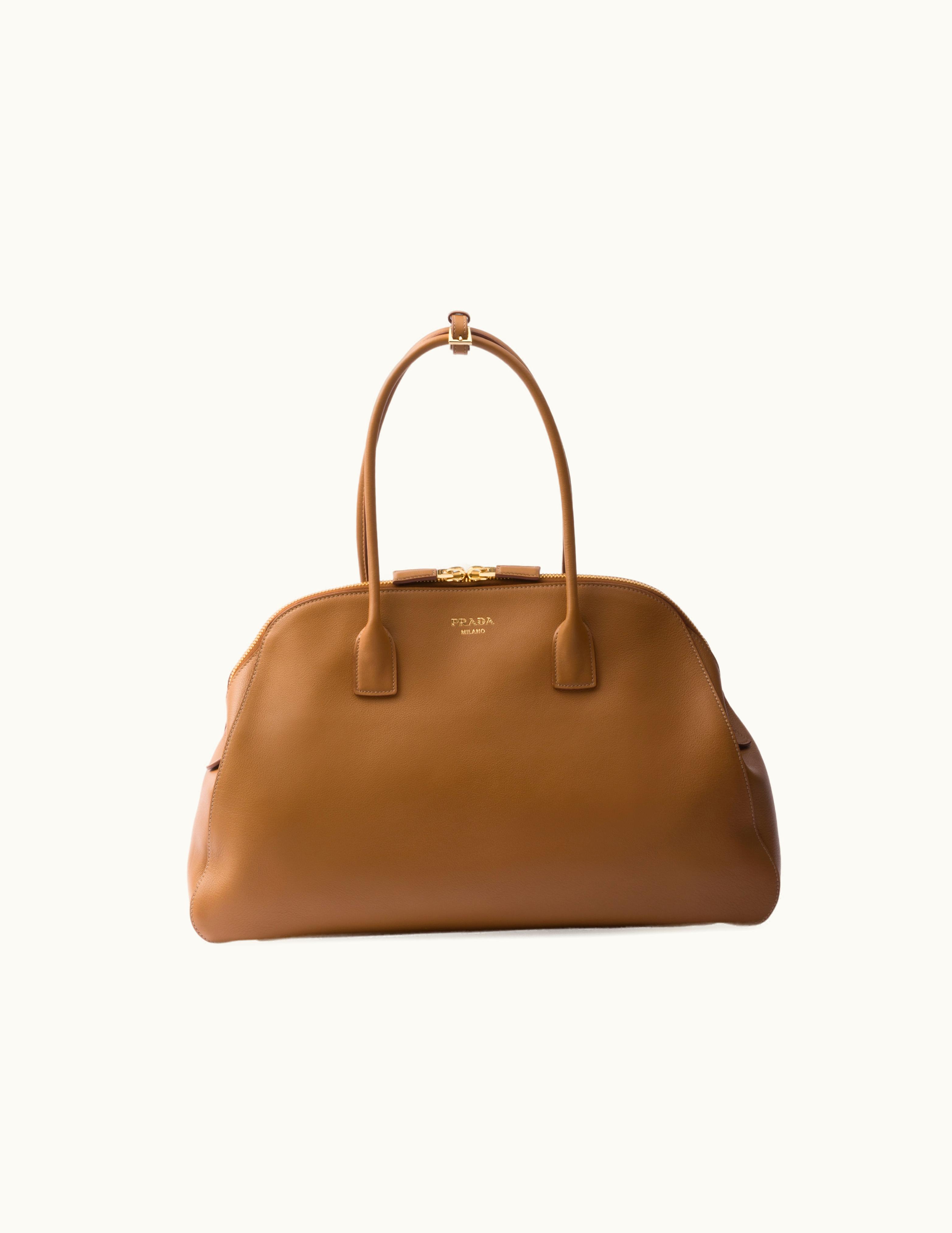 Prada Prada Caramel Large Leather Tote Bag with Metal Hardware and Logo Embossing