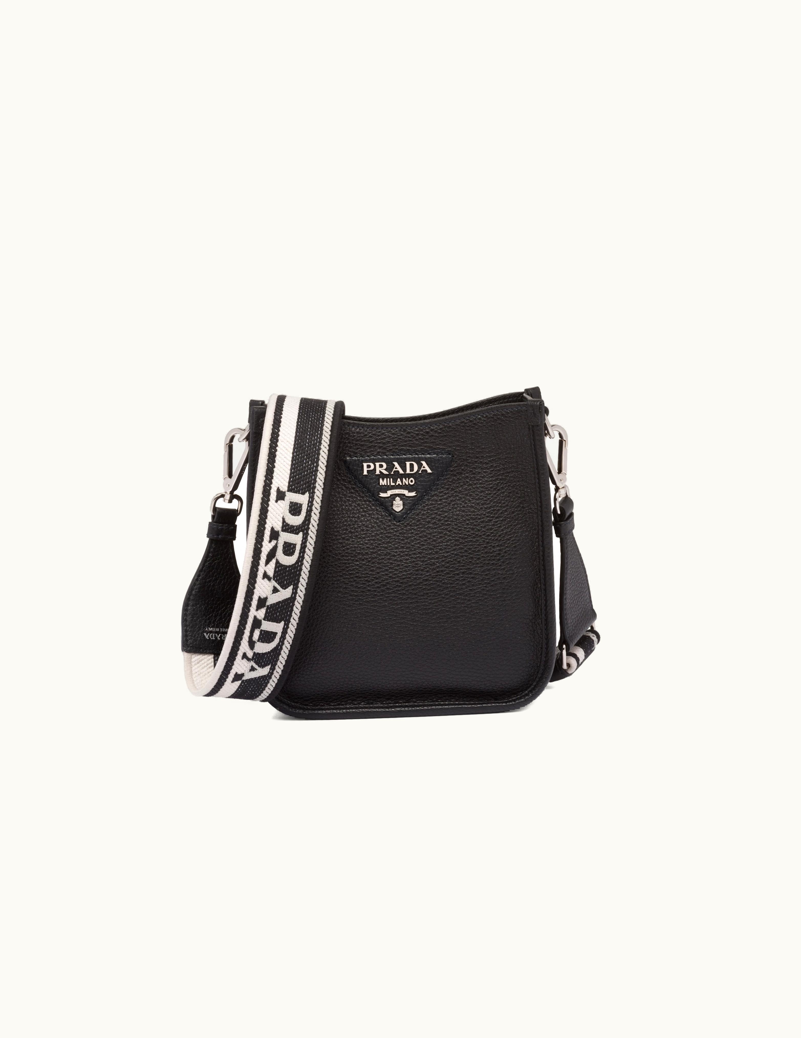 Prada Prada Black Leather Mini Shoulder Bag with Embroidered Logo Design