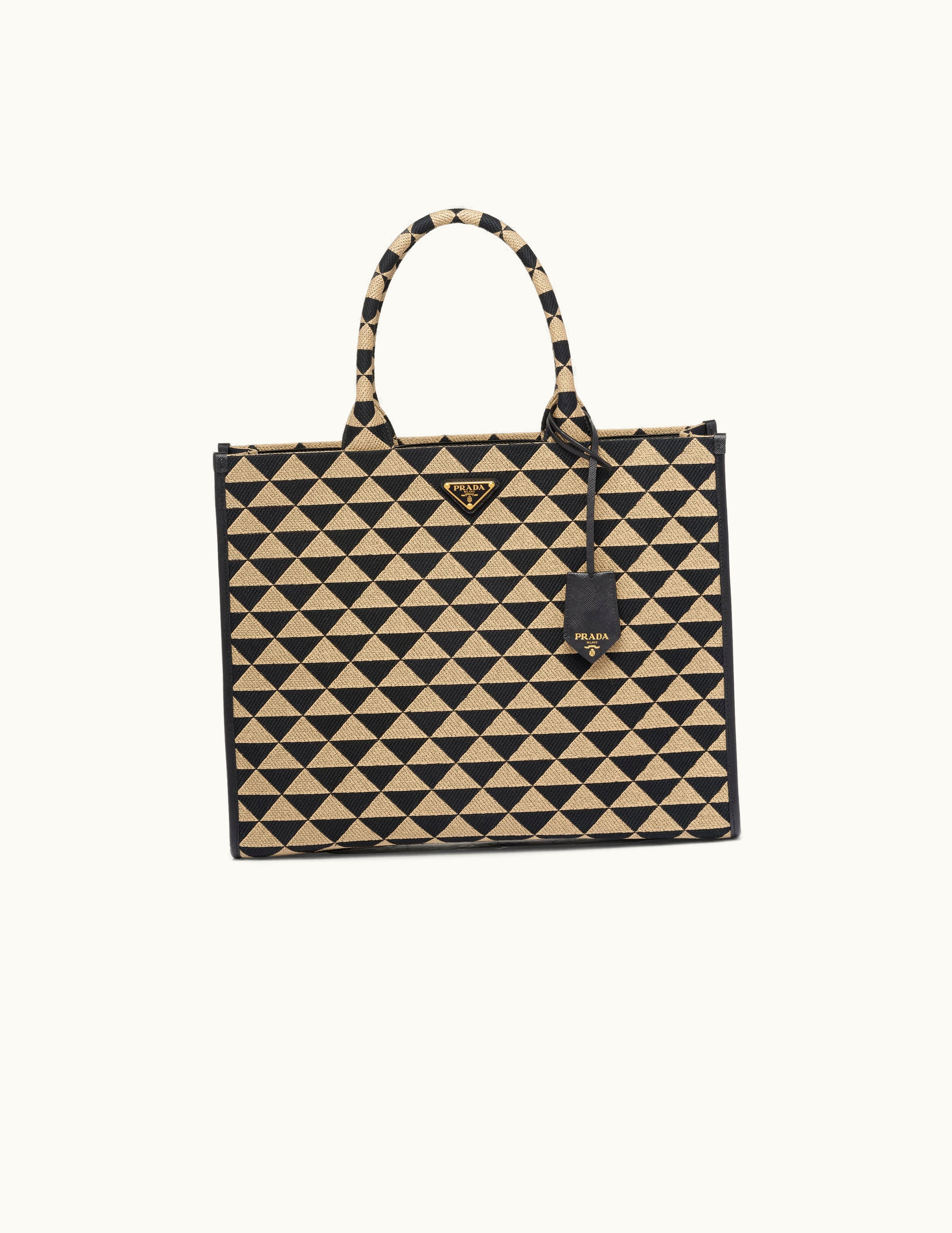 Prada Black / Beige Large Prada Symbole Embroidered Fabric Handbag