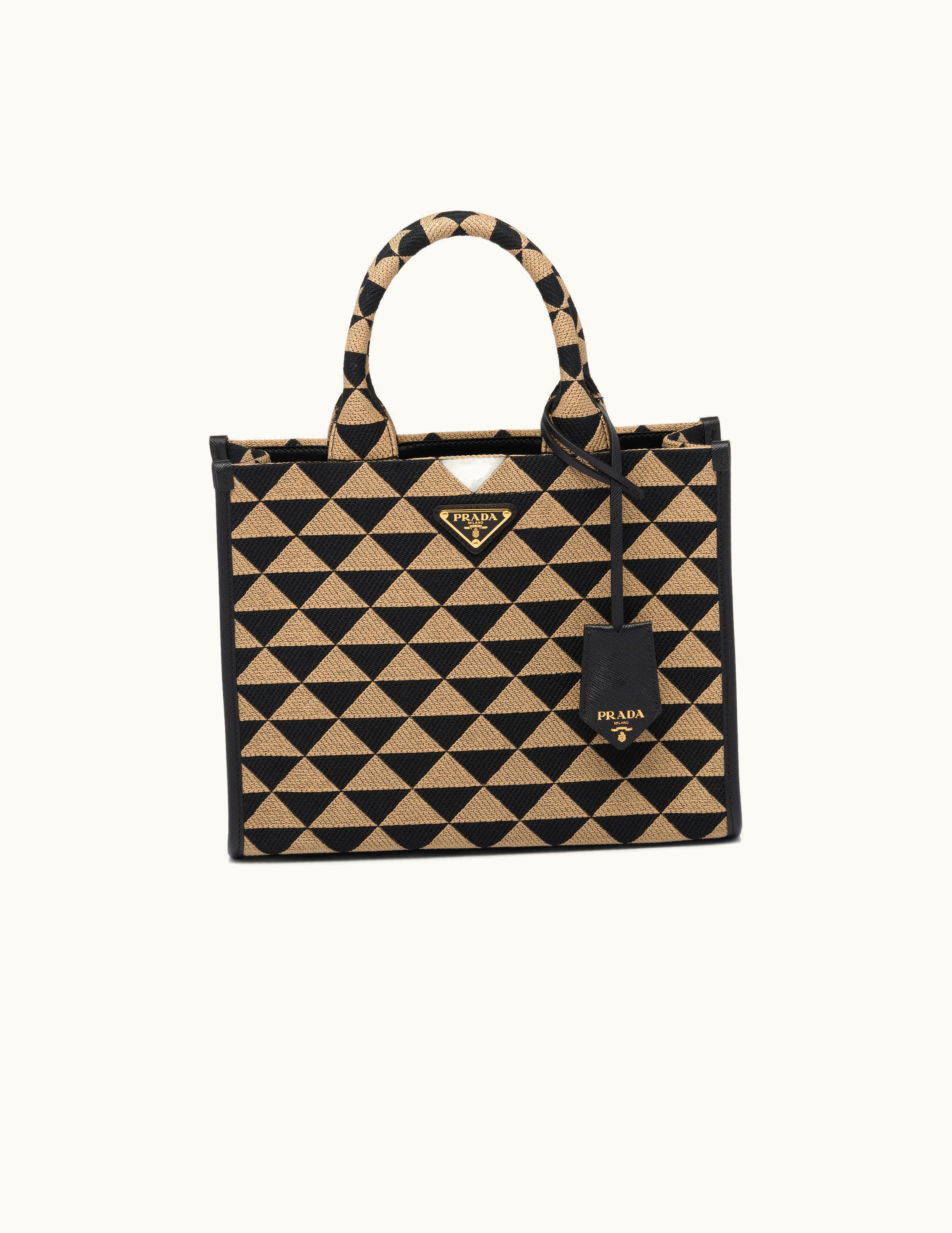 Prada Black / Beige Small Prada Symbole Embroidered Fabric Handbag