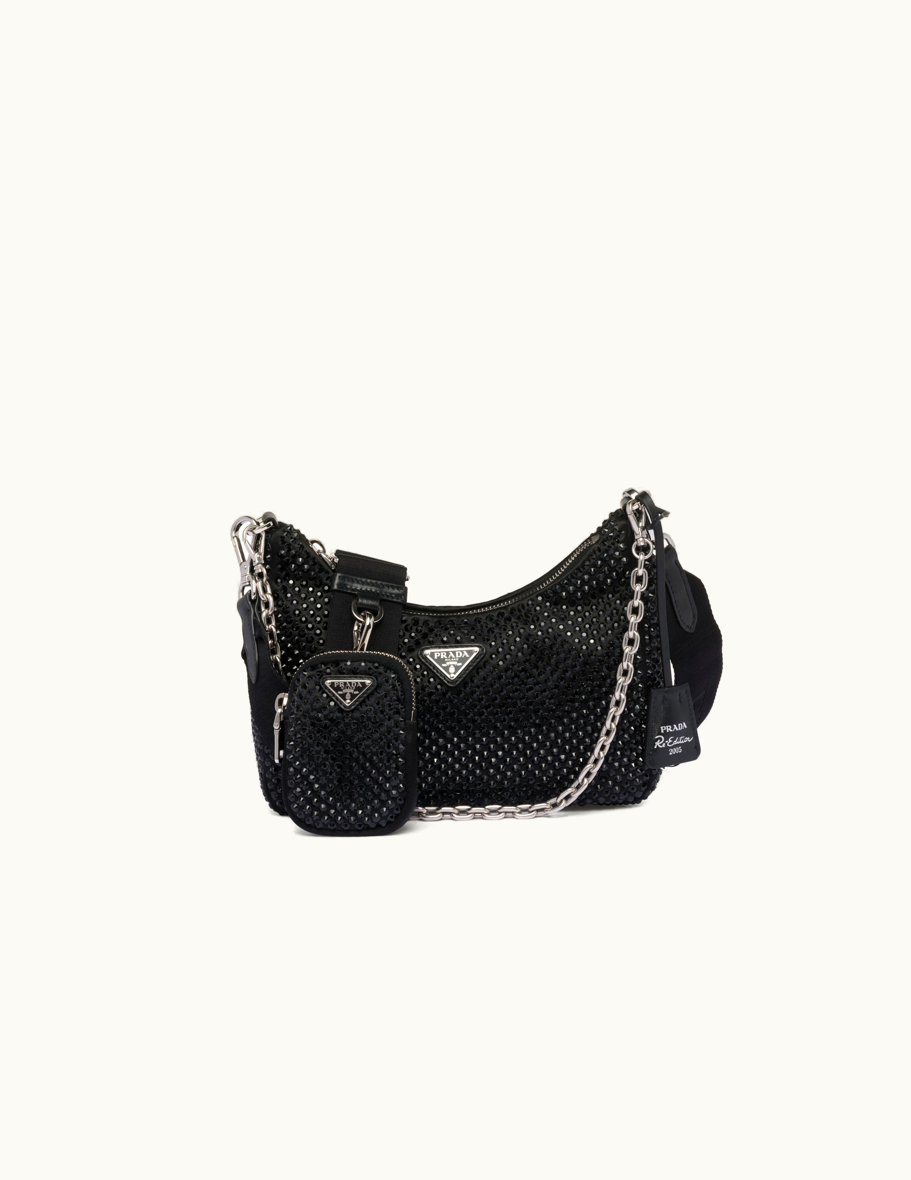 Prada Black Prada Re-edition 2005 Satin Bag With Crystals