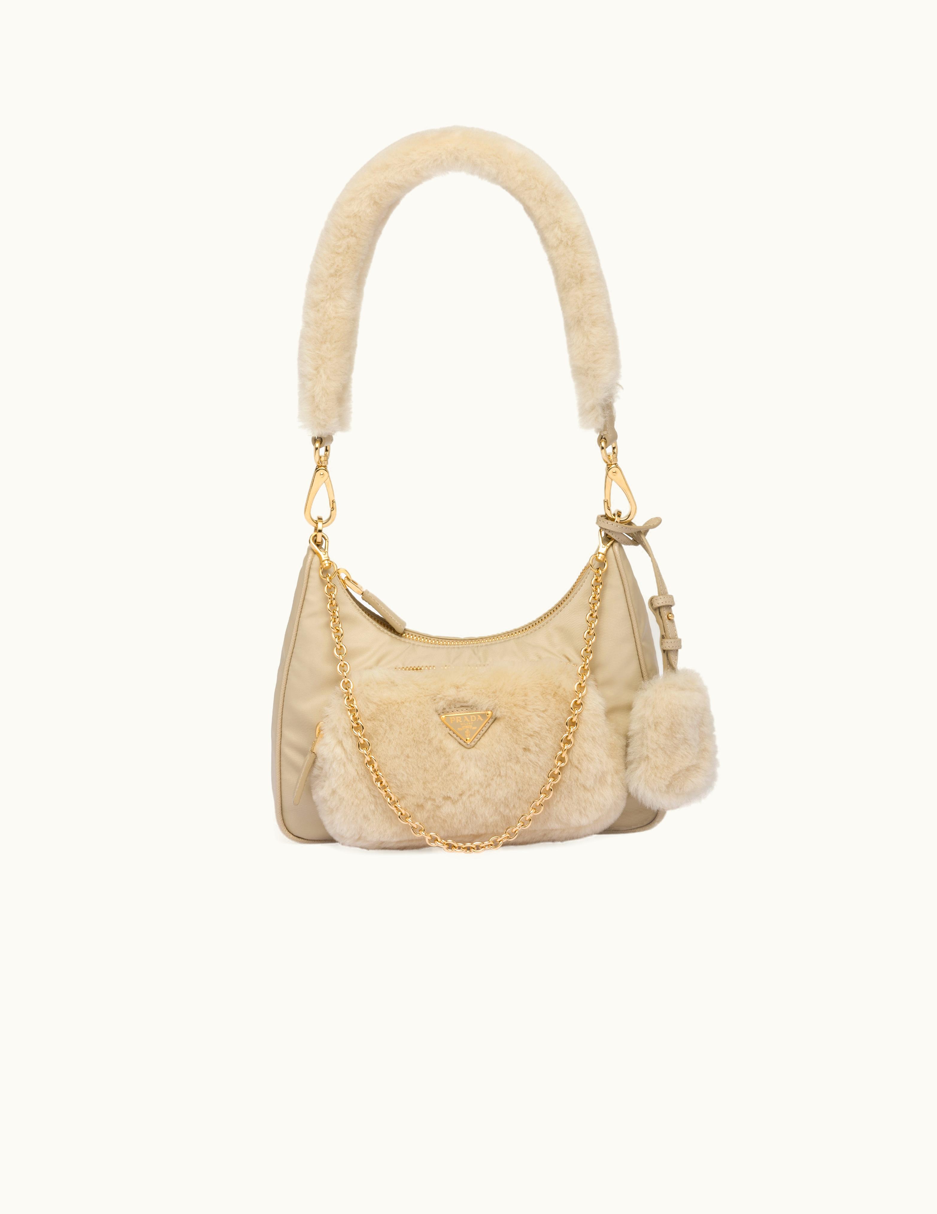 Prada Prada Desert Beige Re-nylon And Shearling Mini-bag