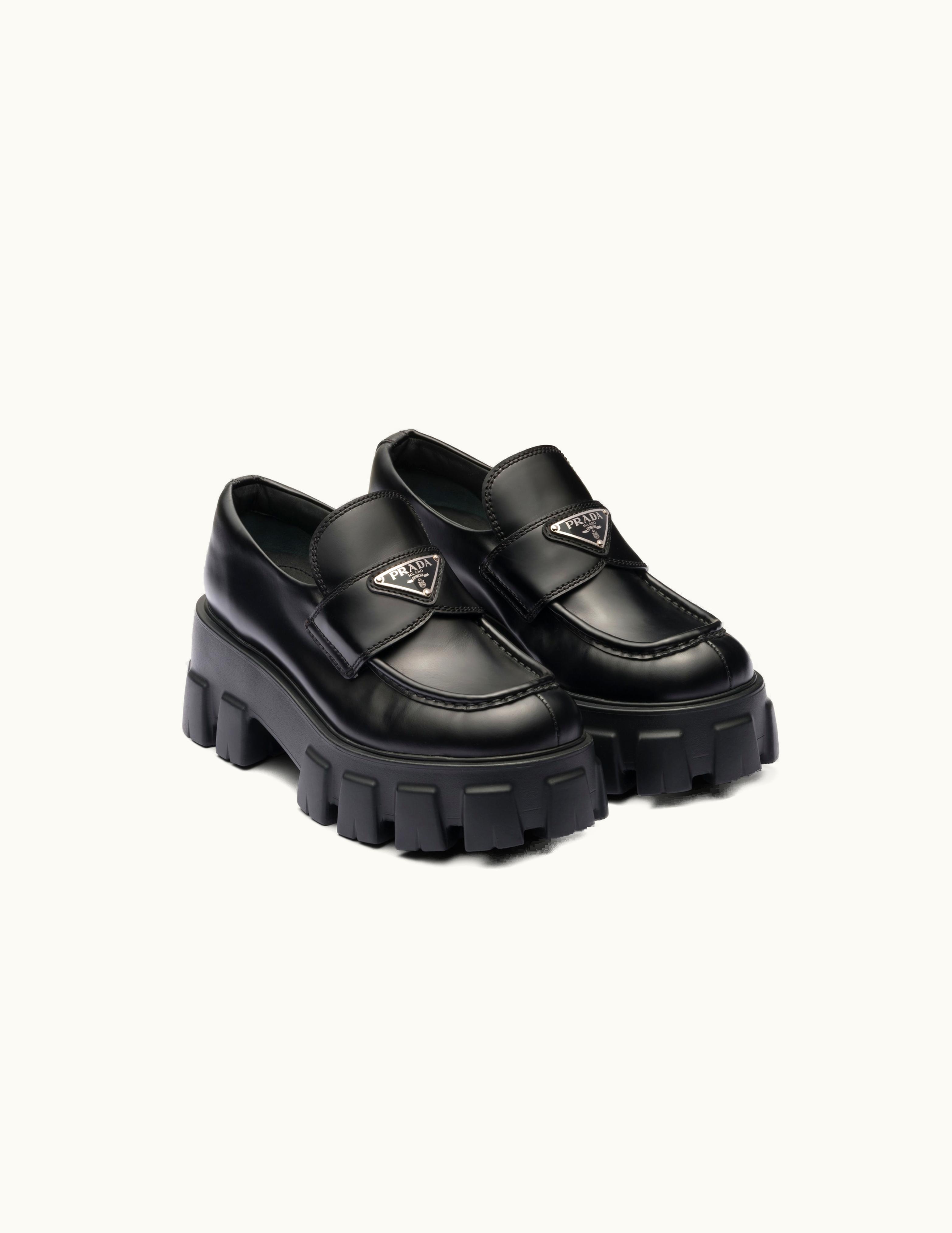 Prada Prada Black Brushed Leather Monolith Loafers