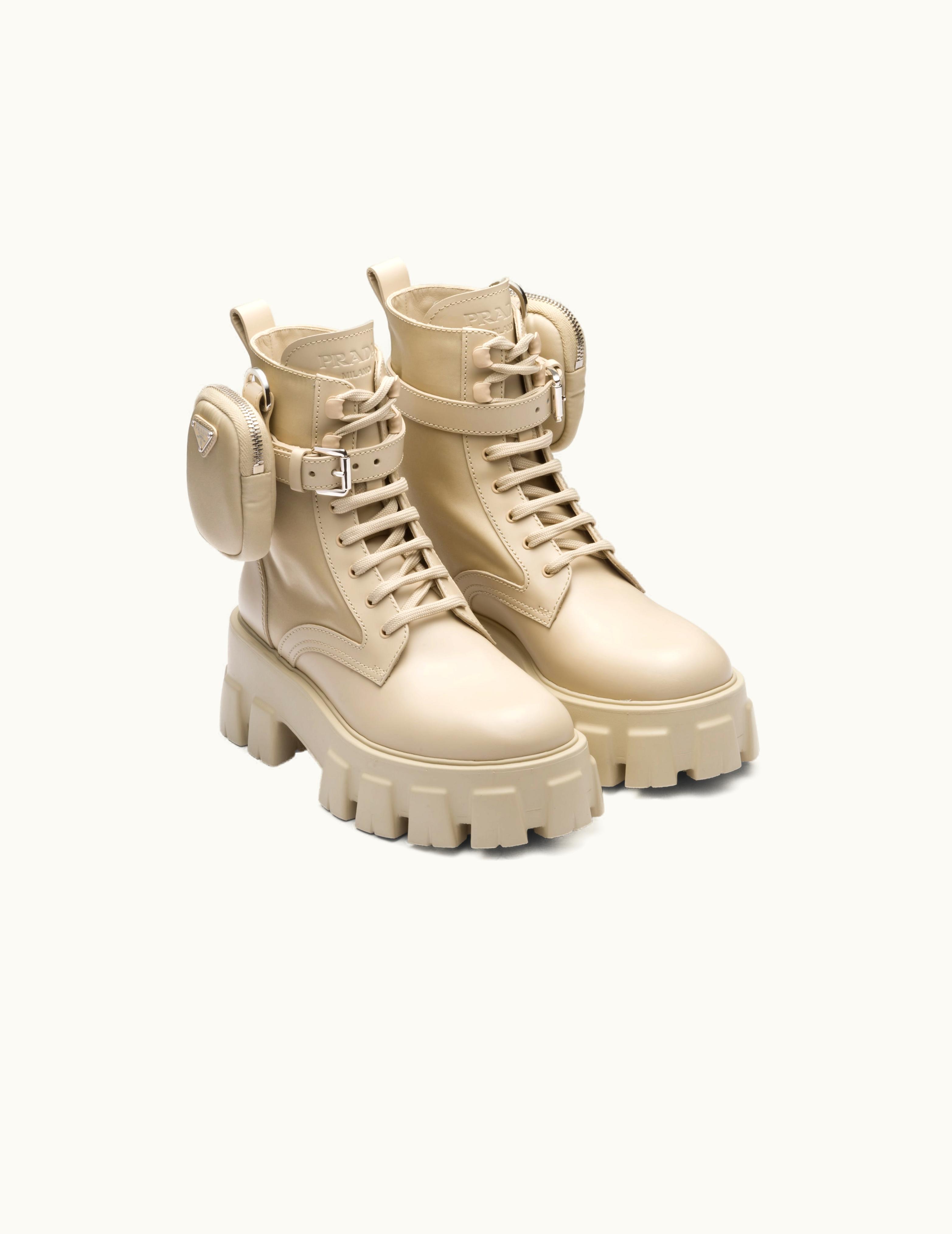Prada Prada Desert Beige Monolith Leather And Re-nylon Boots With Pouch