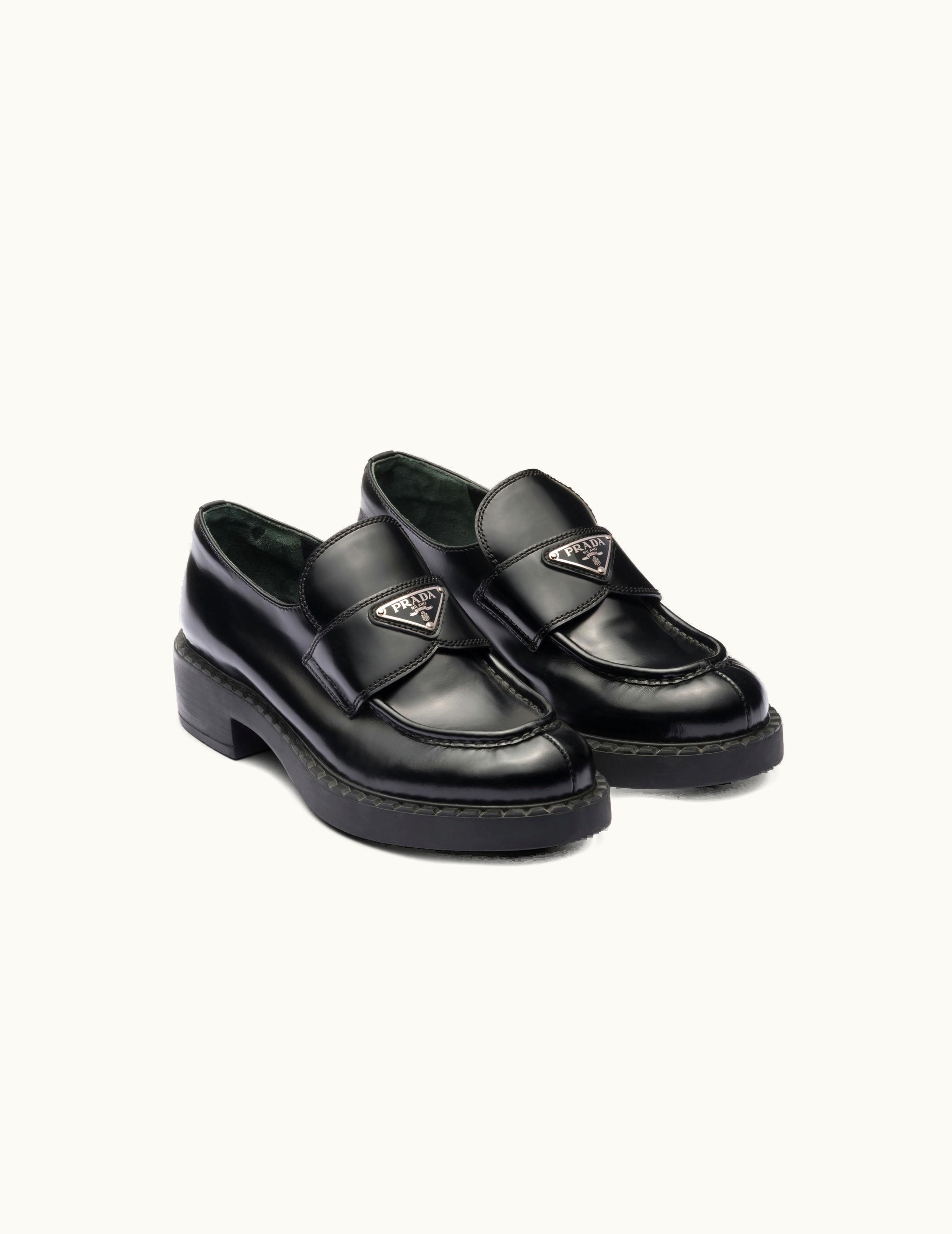 Prada Prada Triangle Logo Brushed Leather Loafers Black