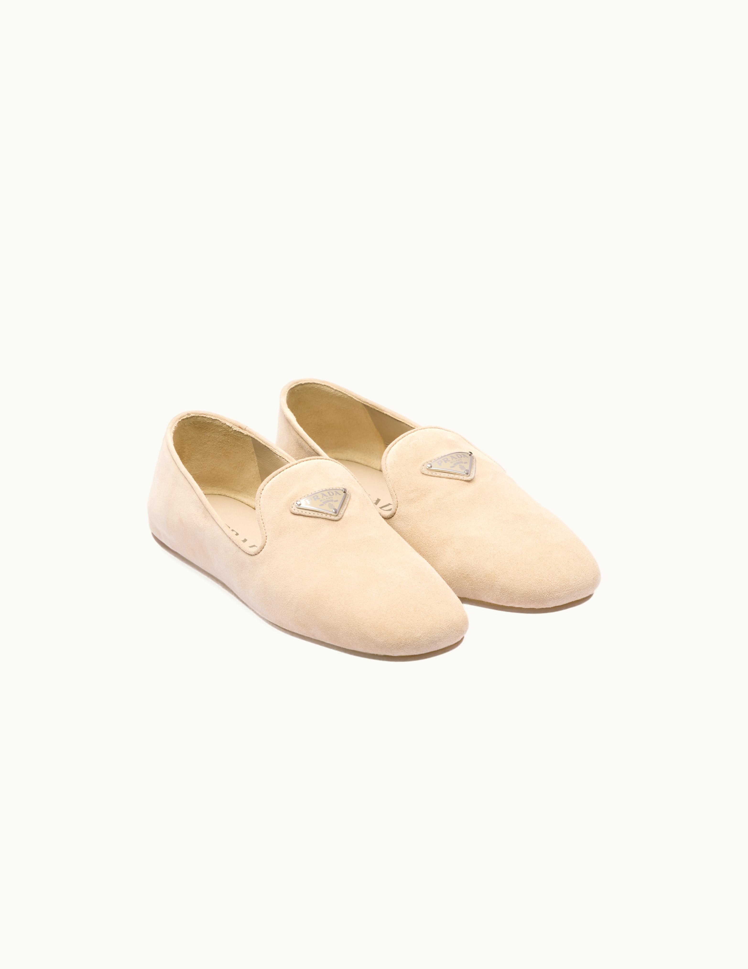 Prada Prada Triangle Logo Monoblock Suede Loafers Beige