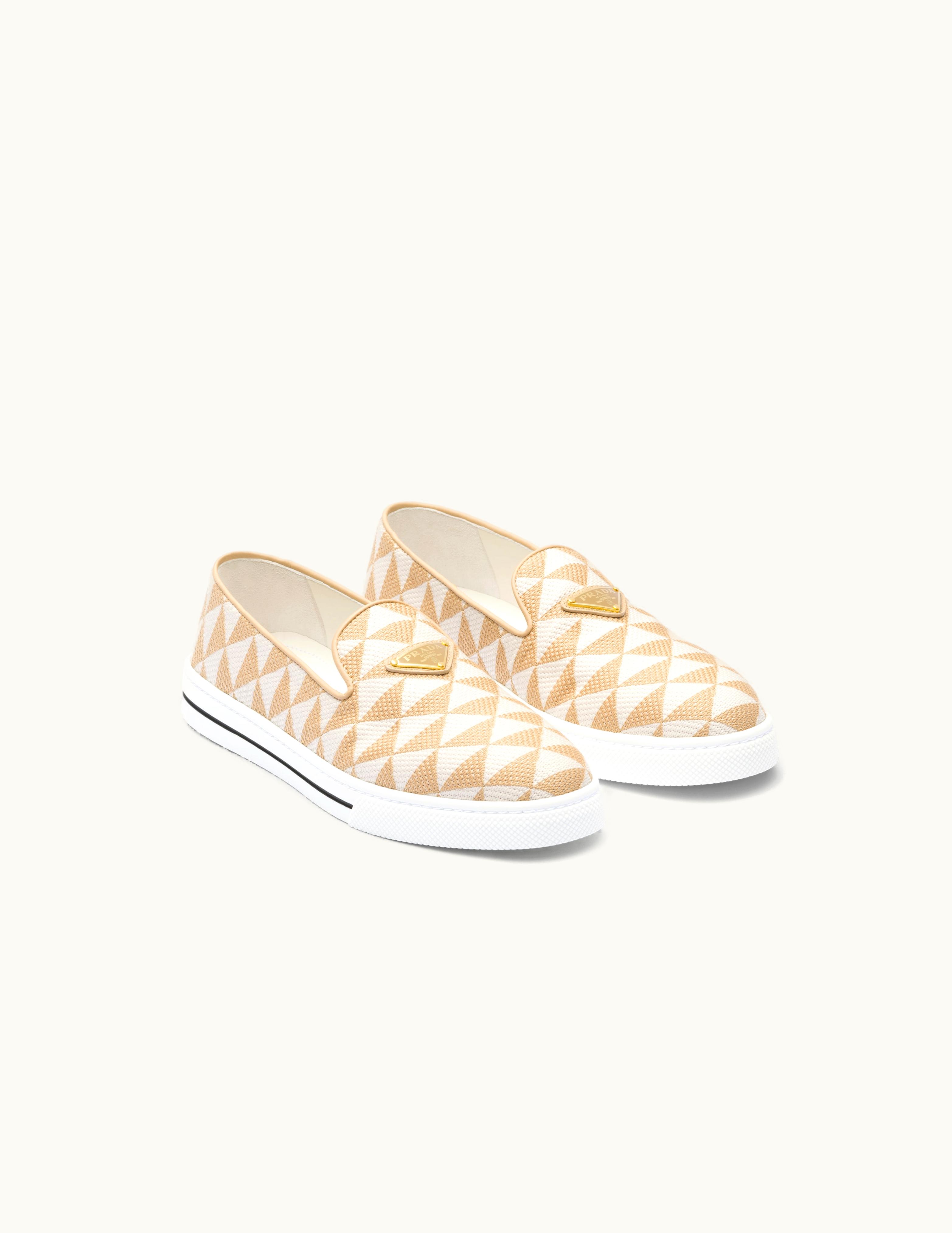 Prada Prada Beige / Chalk White Embroidered Fabric Slip-on Shoes