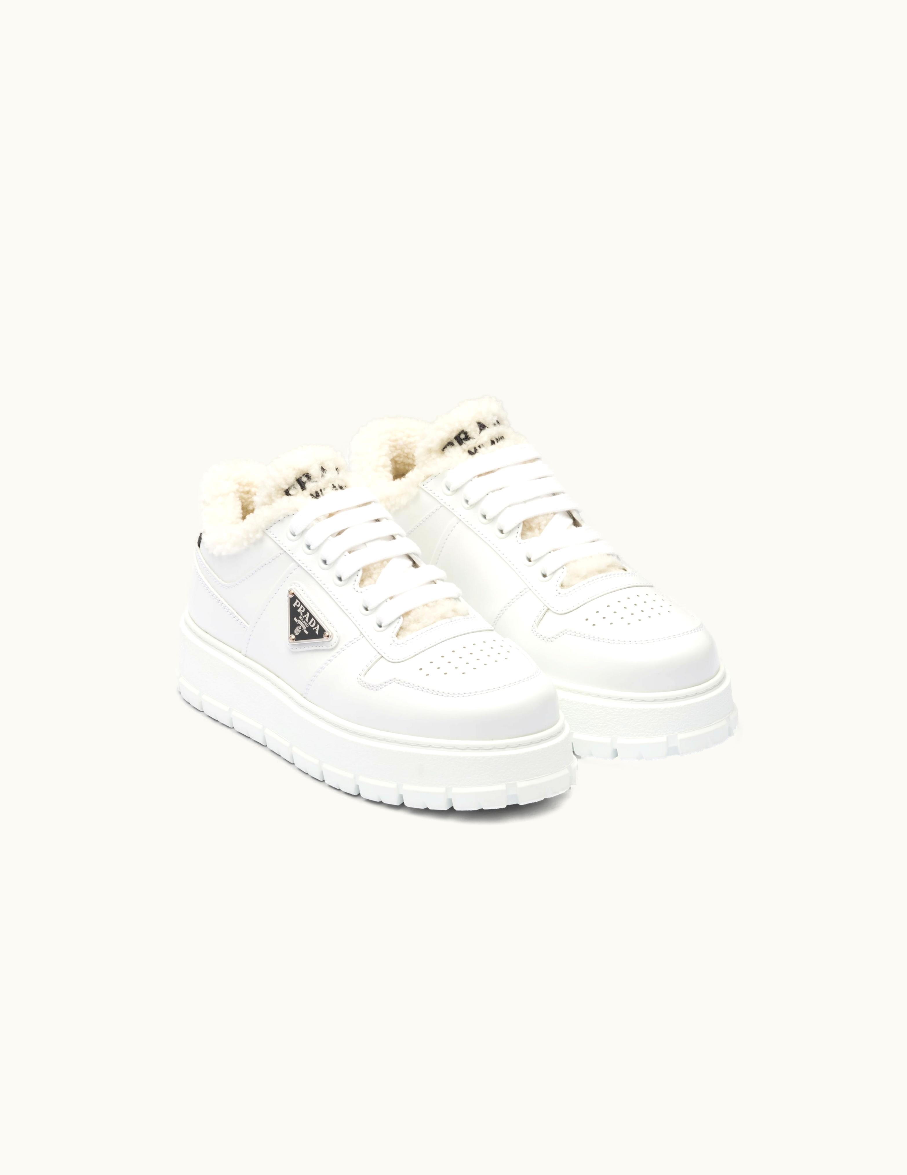 Prada Prada White Leather And Shearling Sneakers