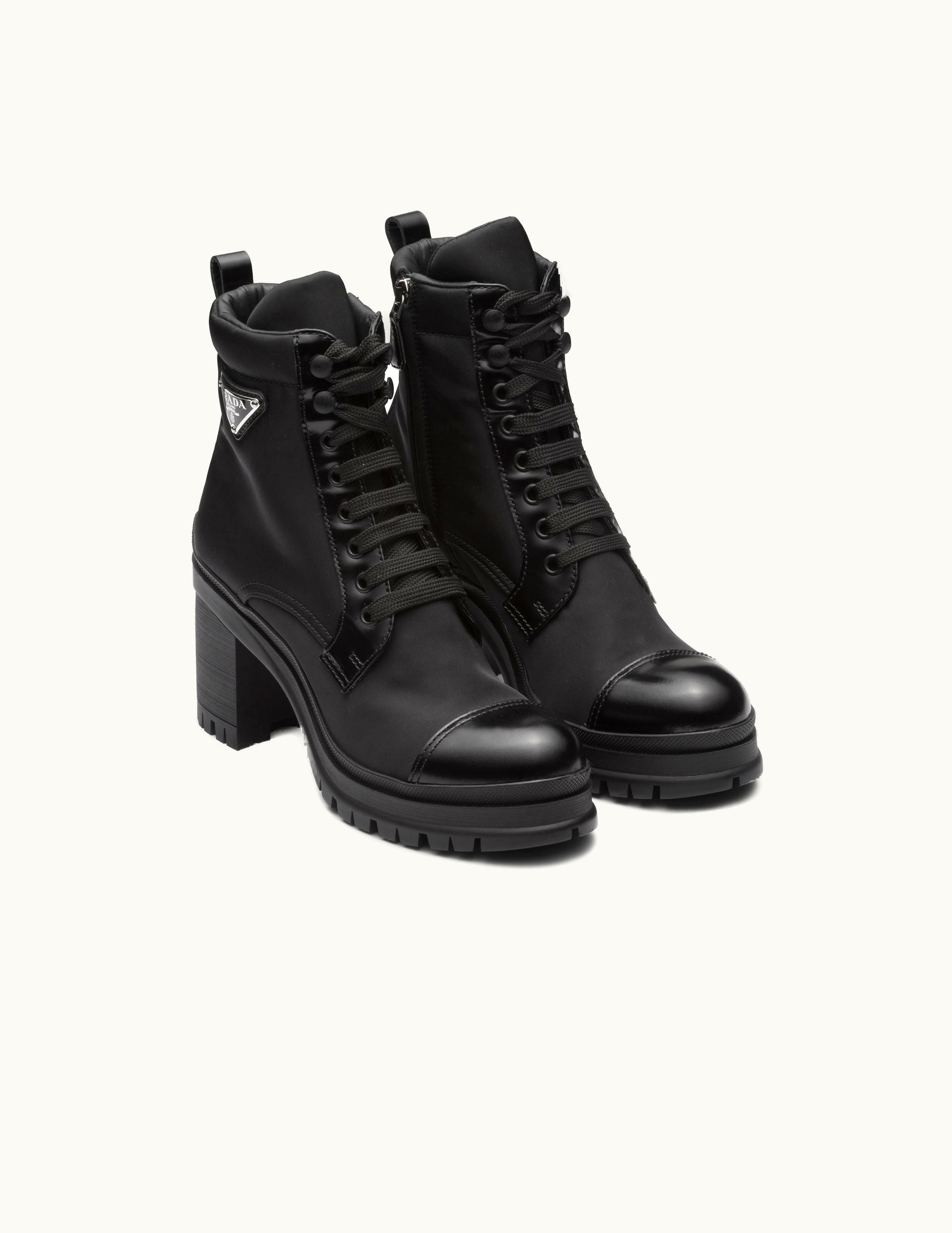 Prada Prada Black Brushed Leather And Re-nylon Laced Booties