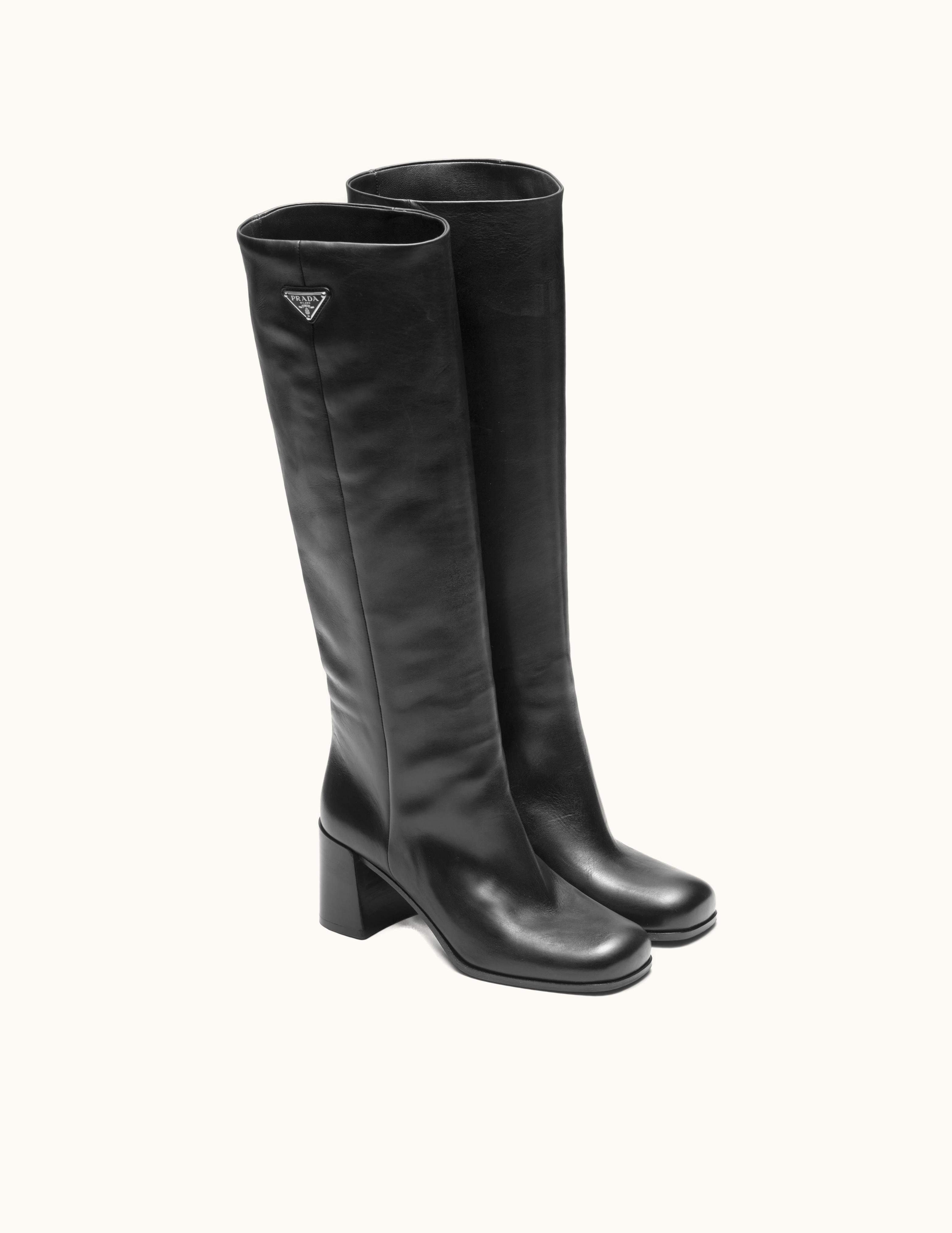 Prada Prada Enameled Leather Triangle Black Leather Boots