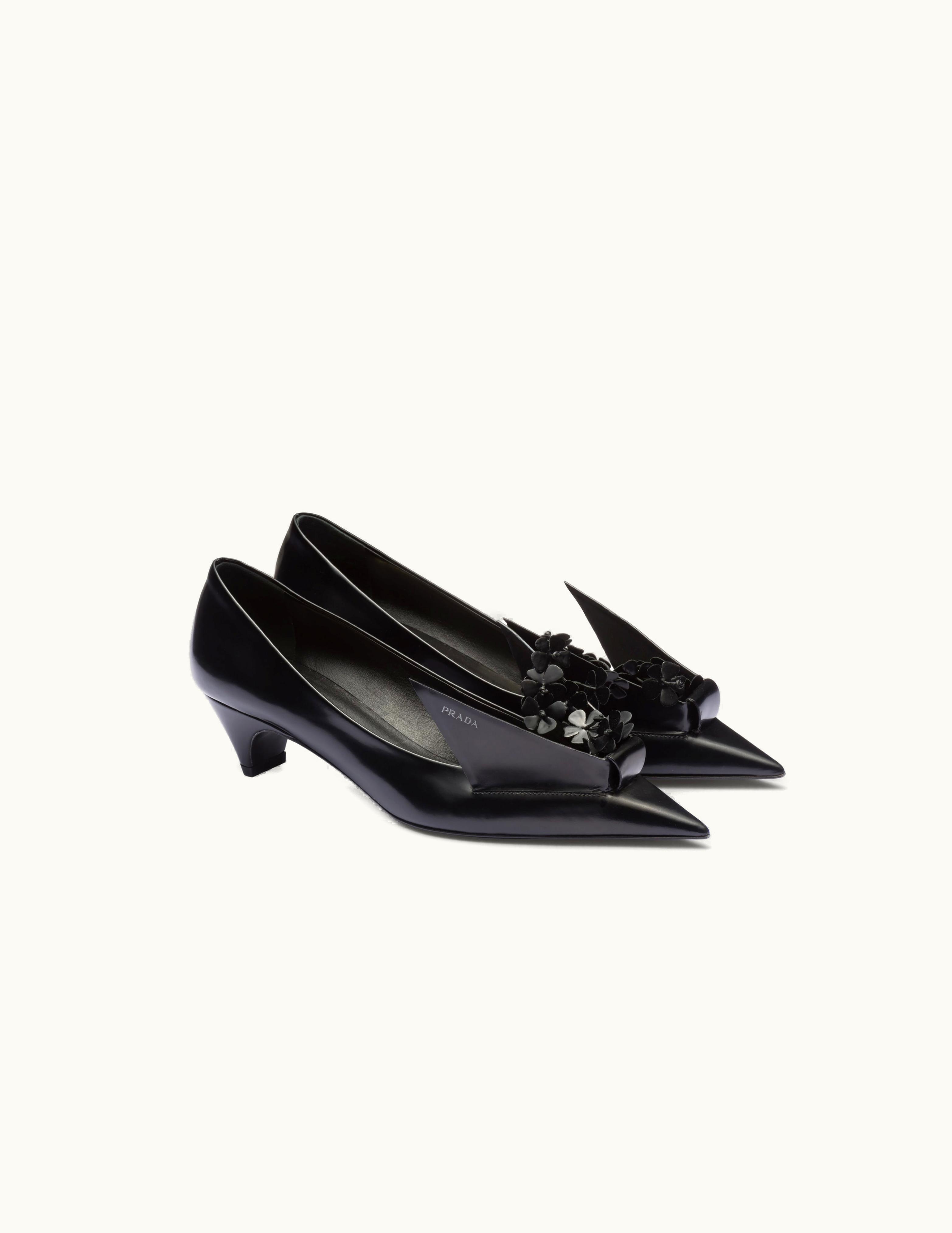 Prada Prada Black Brushed Leather Pumps With Floral Appliqués