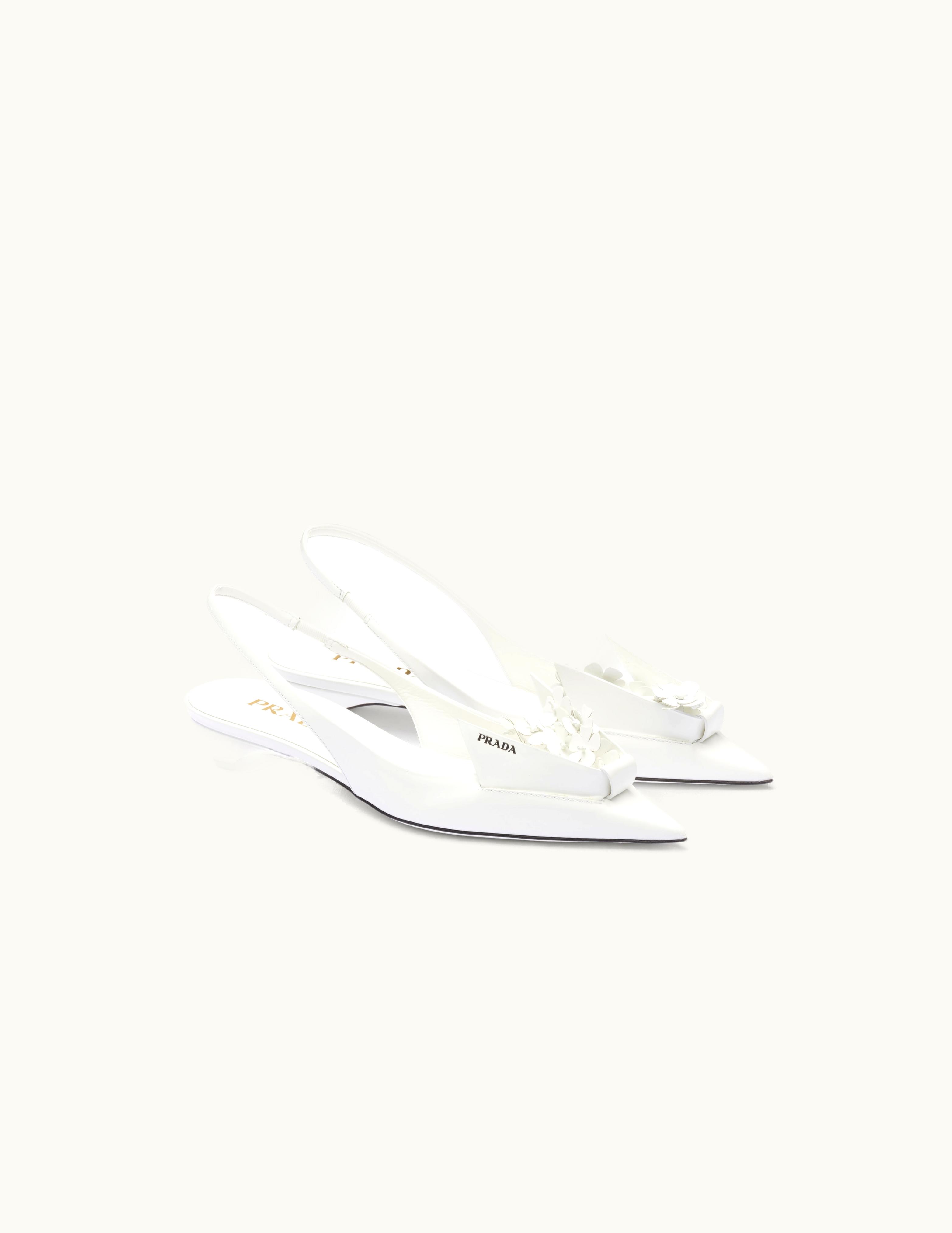 Prada Prada White Brushed Leather Slingback Pumps With Floral Appliques