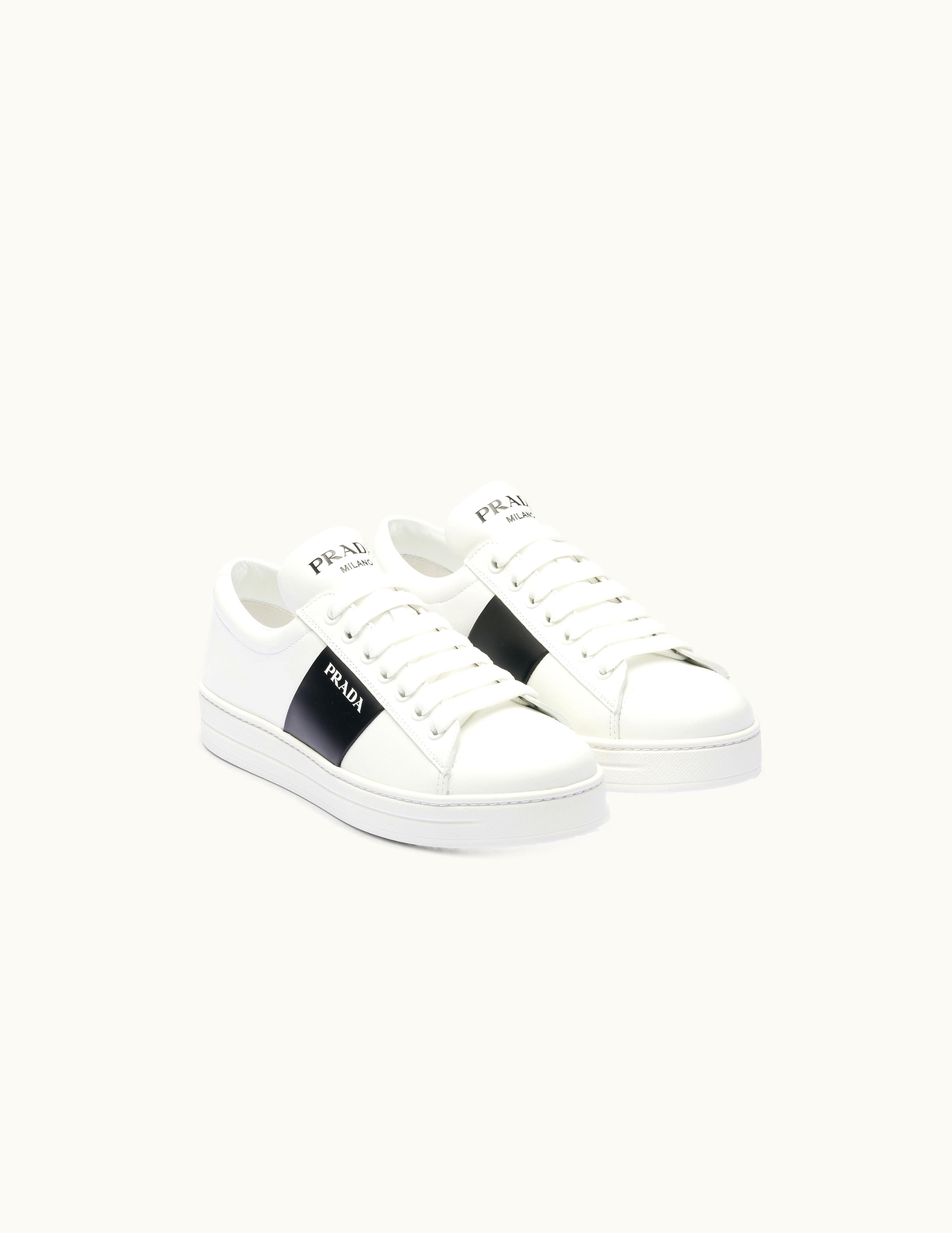 Prada Prada White / Black Leather Laced Sneakers With Logo