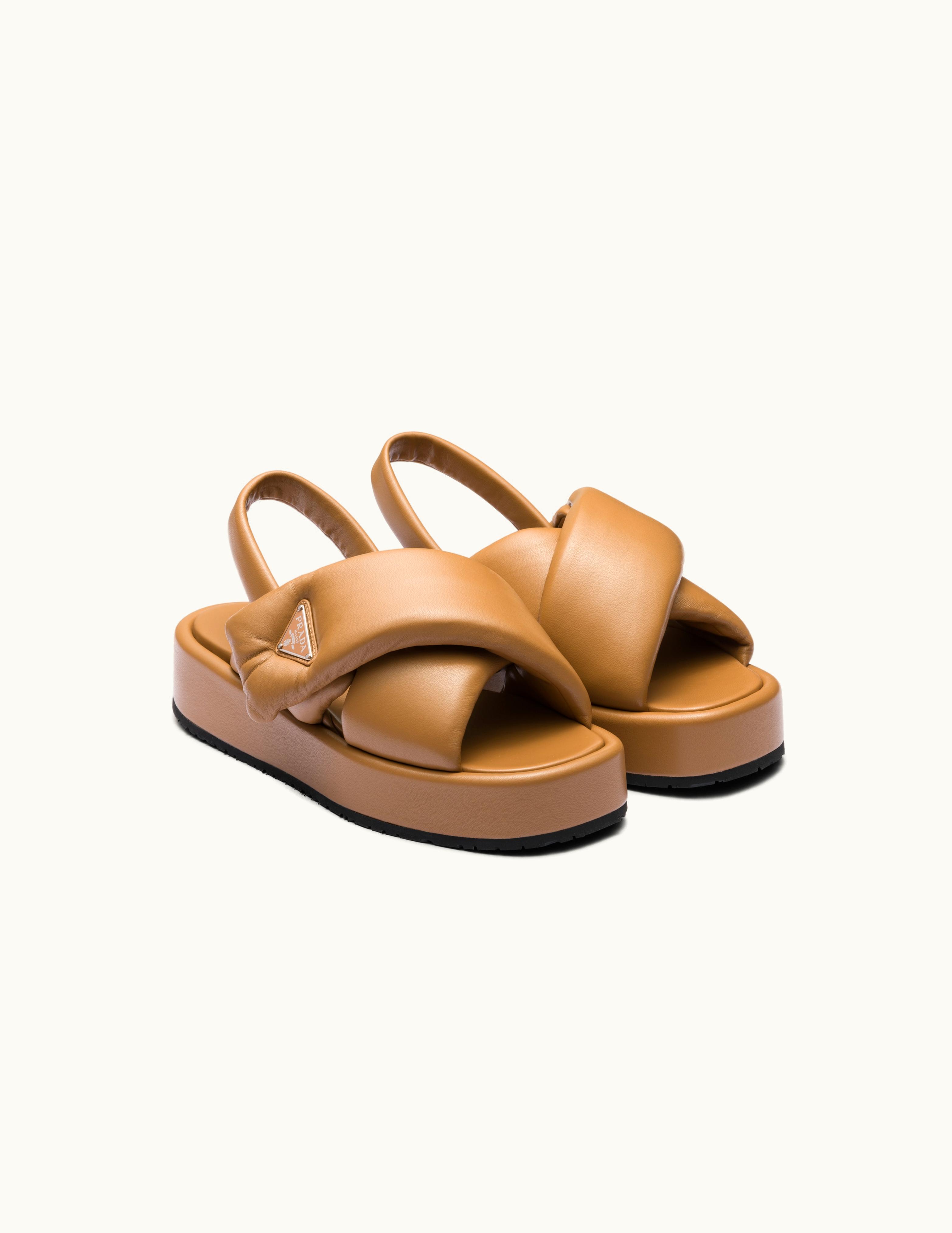 Prada Caramel Prada Soft Padded Nappa Leather Wedge Sandals