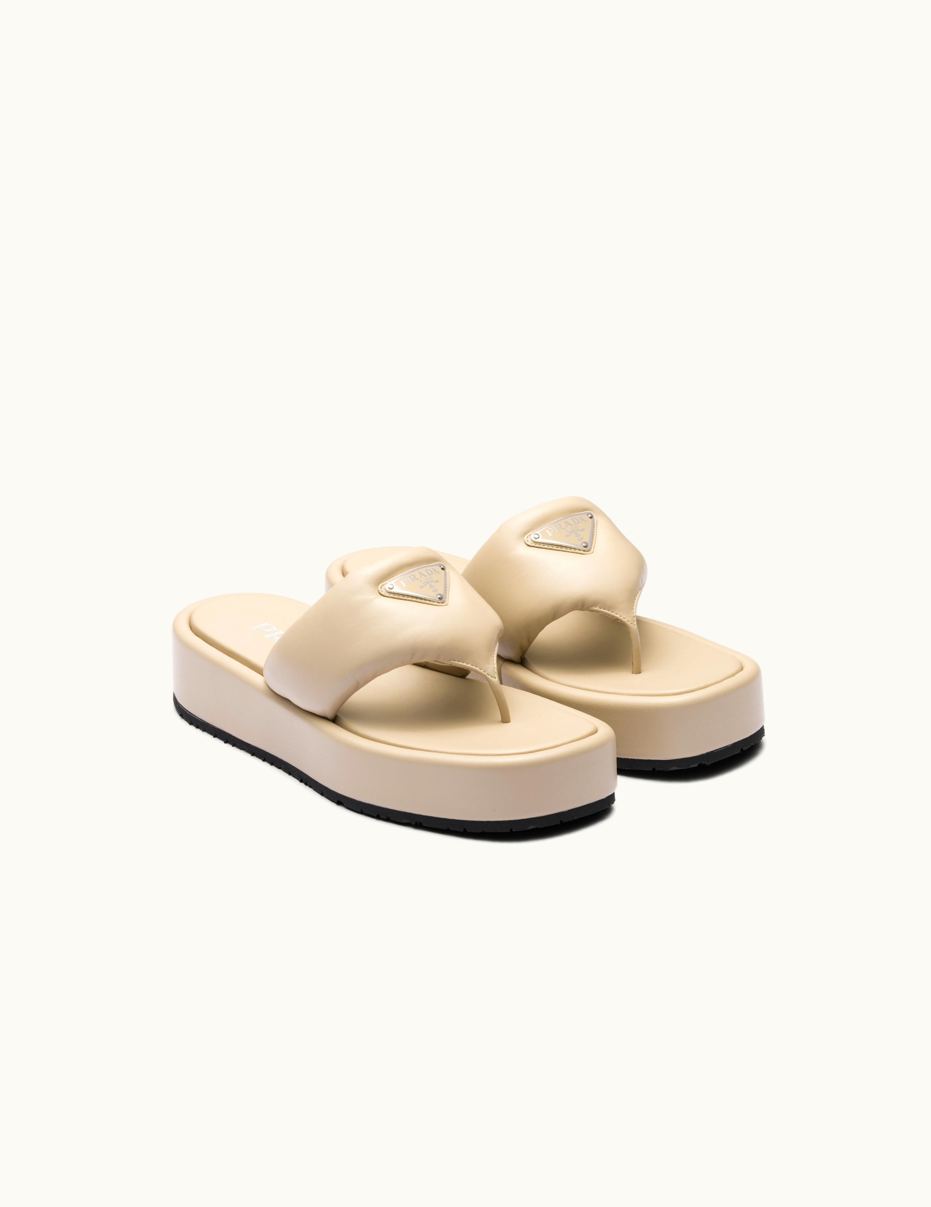Prada Desert Beige Prada Soft Padded Nappa Leather Thong Wedge Sandals