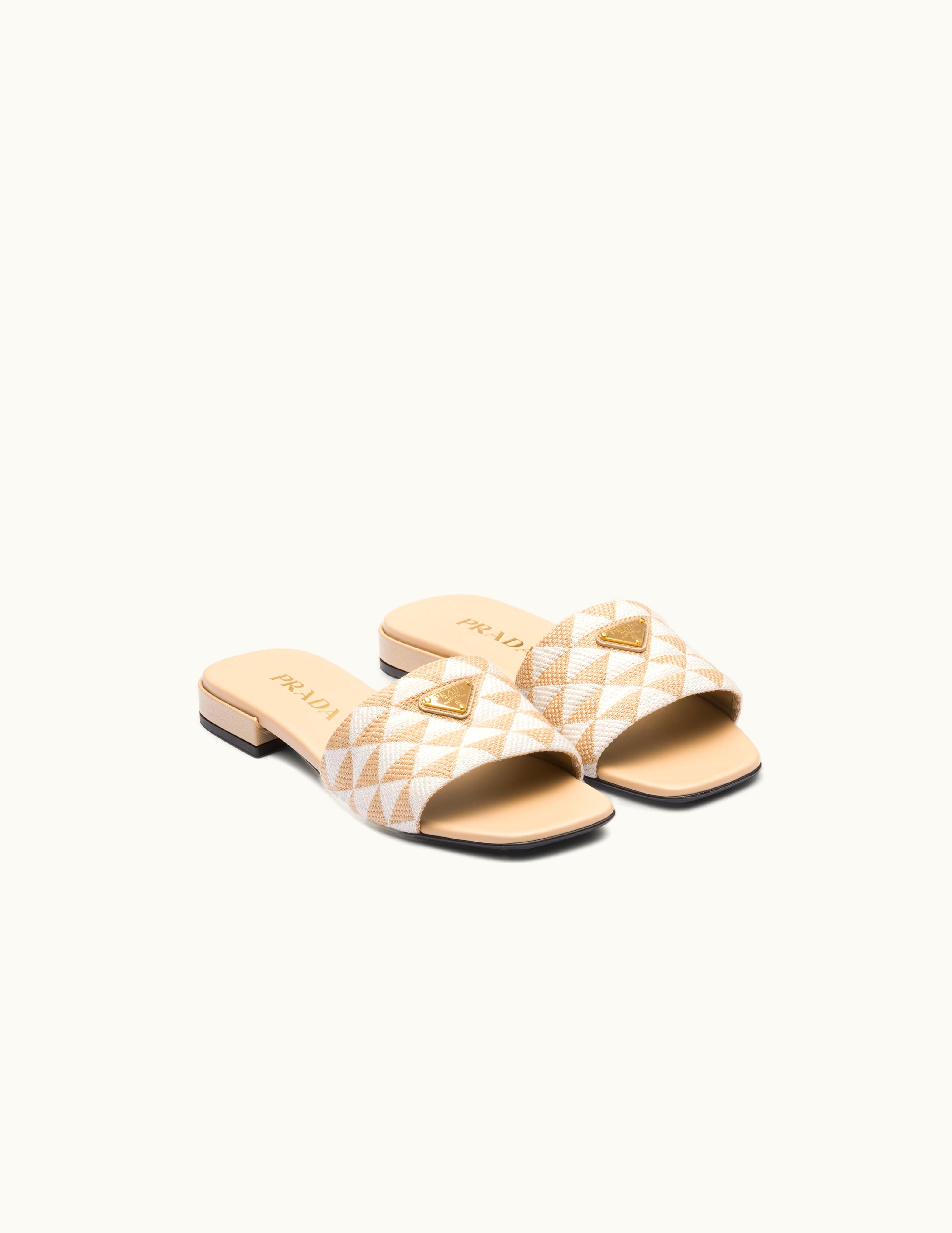 Prada Prada Beige / Chalk White Embroidered Fabric Slides