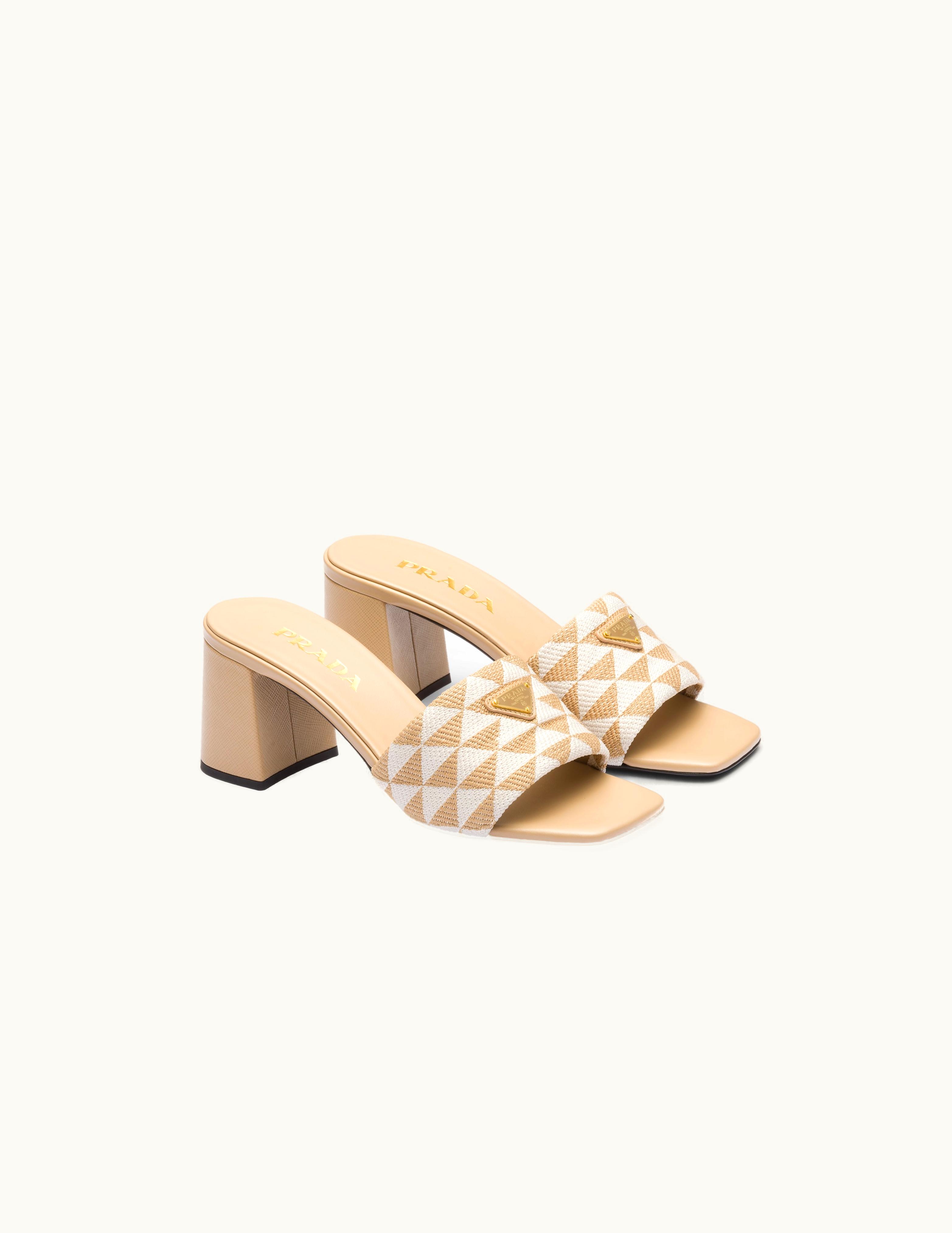 Prada Prada Beige / Chalk White Embroidered Fabric Sandals