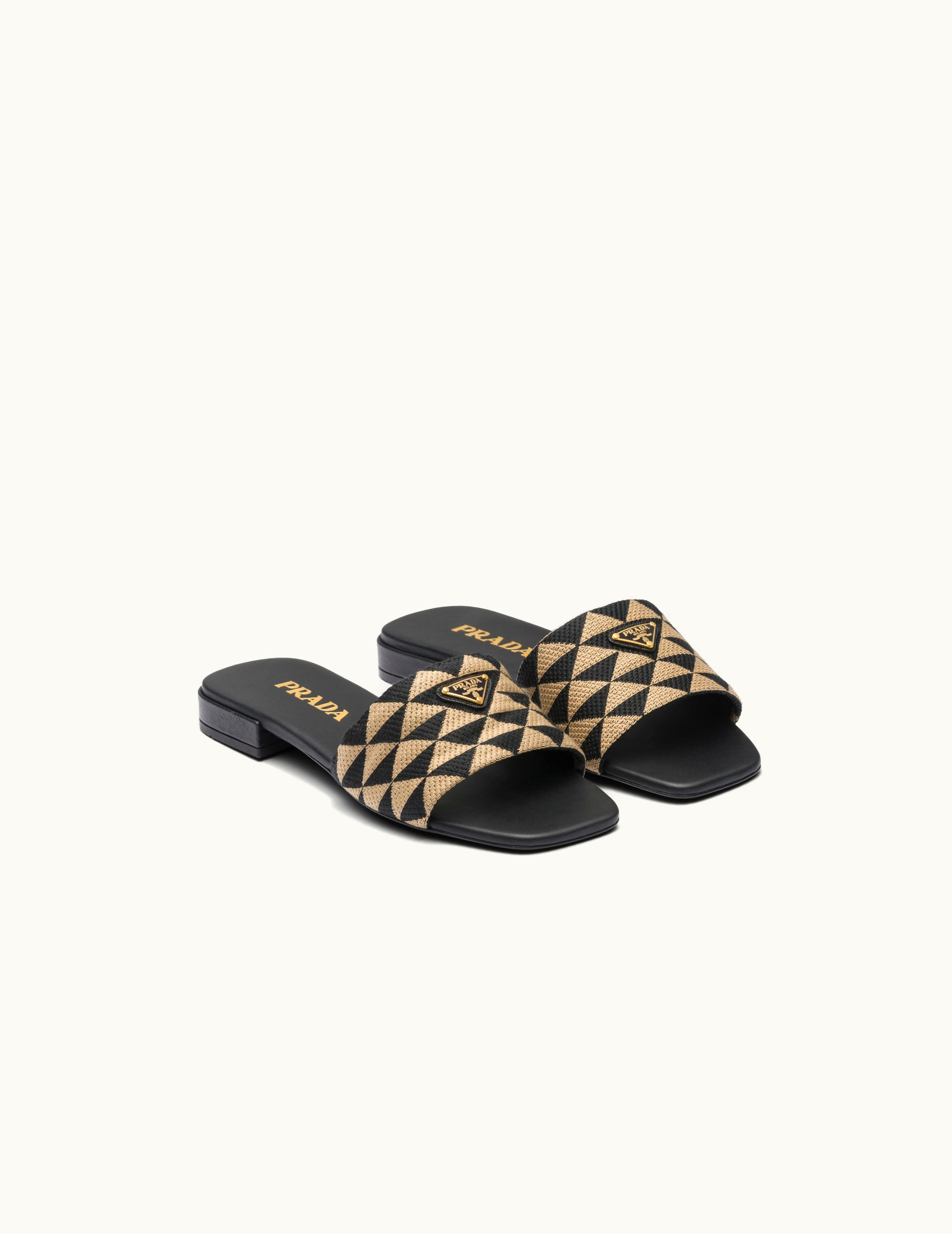 Prada Prada Black / Beige Embroidered Fabric Slides