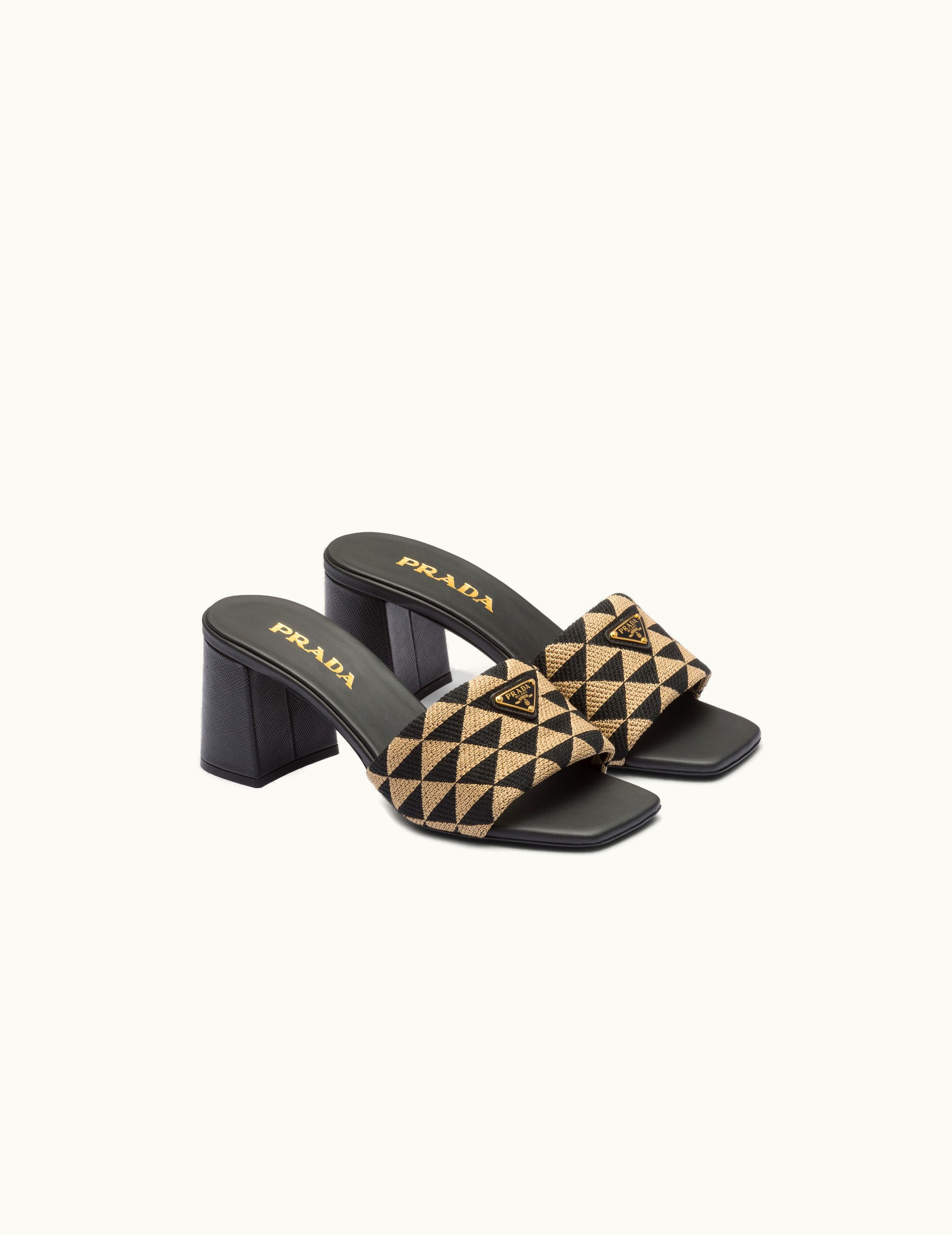 Prada Prada Black / Beige Embroidered Fabric Sandals