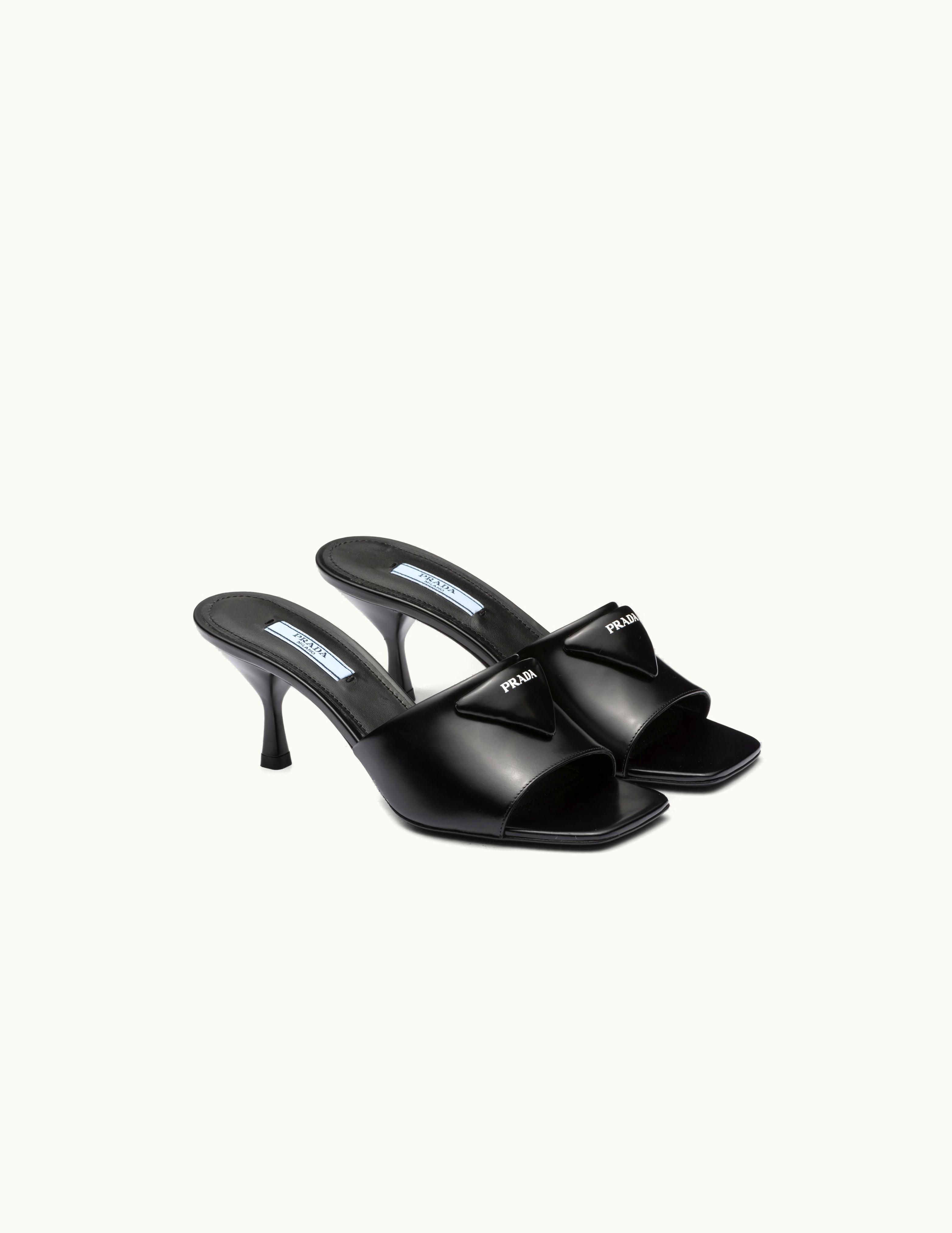 Prada Prada Black Brushed Leather Heeled Slides