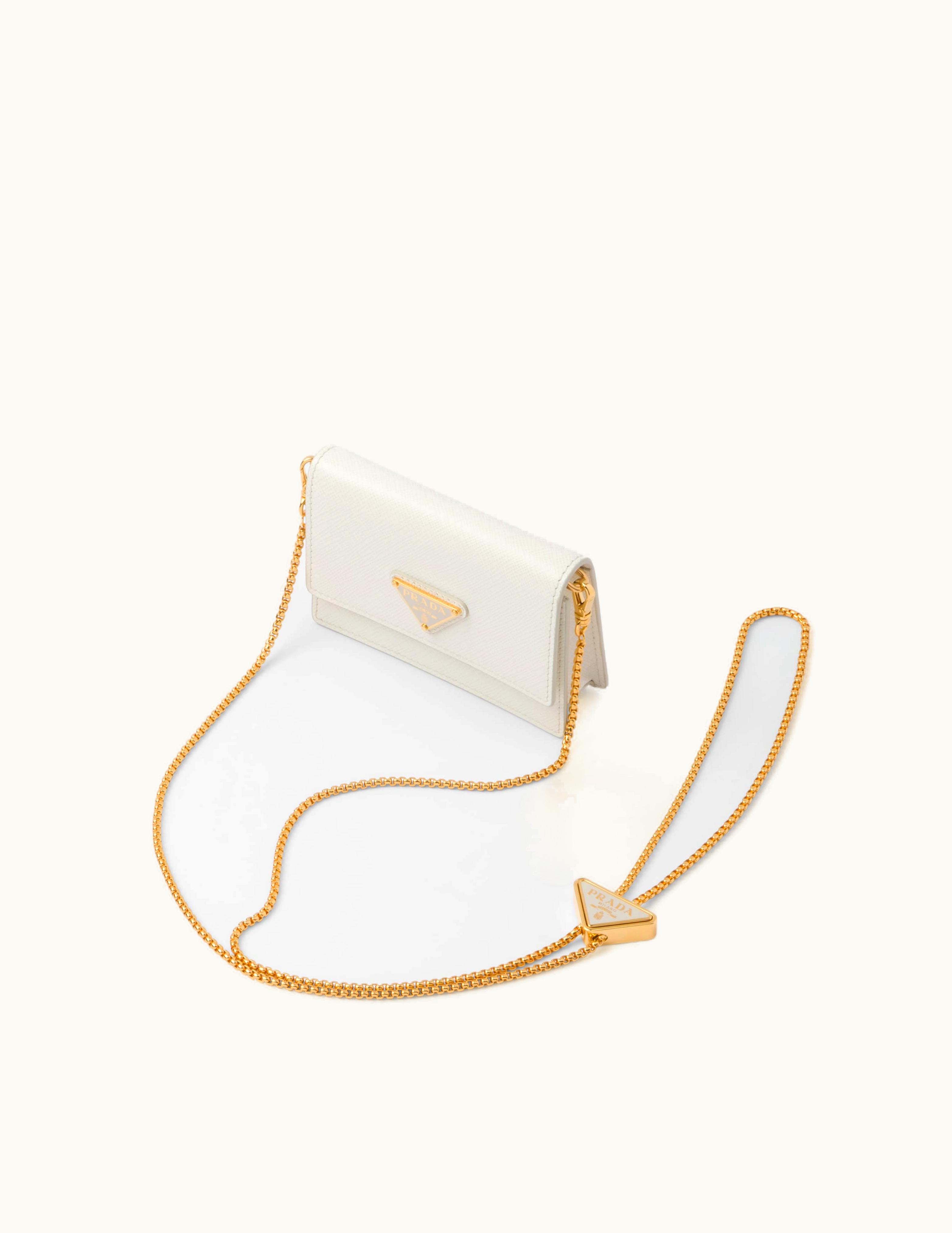Prada Prada White Saffiano Leather Card Holder With Shoulder Strap