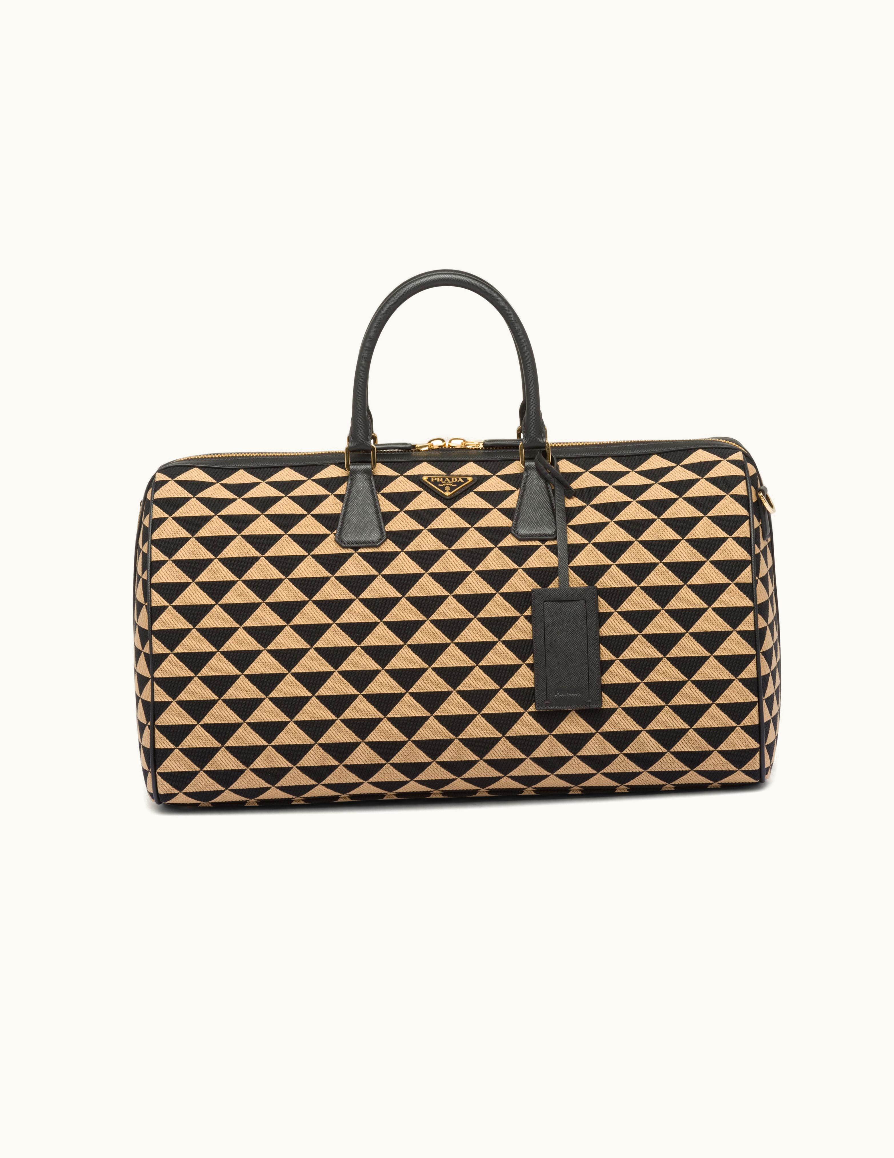 Prada Black / Beige Large Prada Symbole Embroidered Fabric Travel Bag