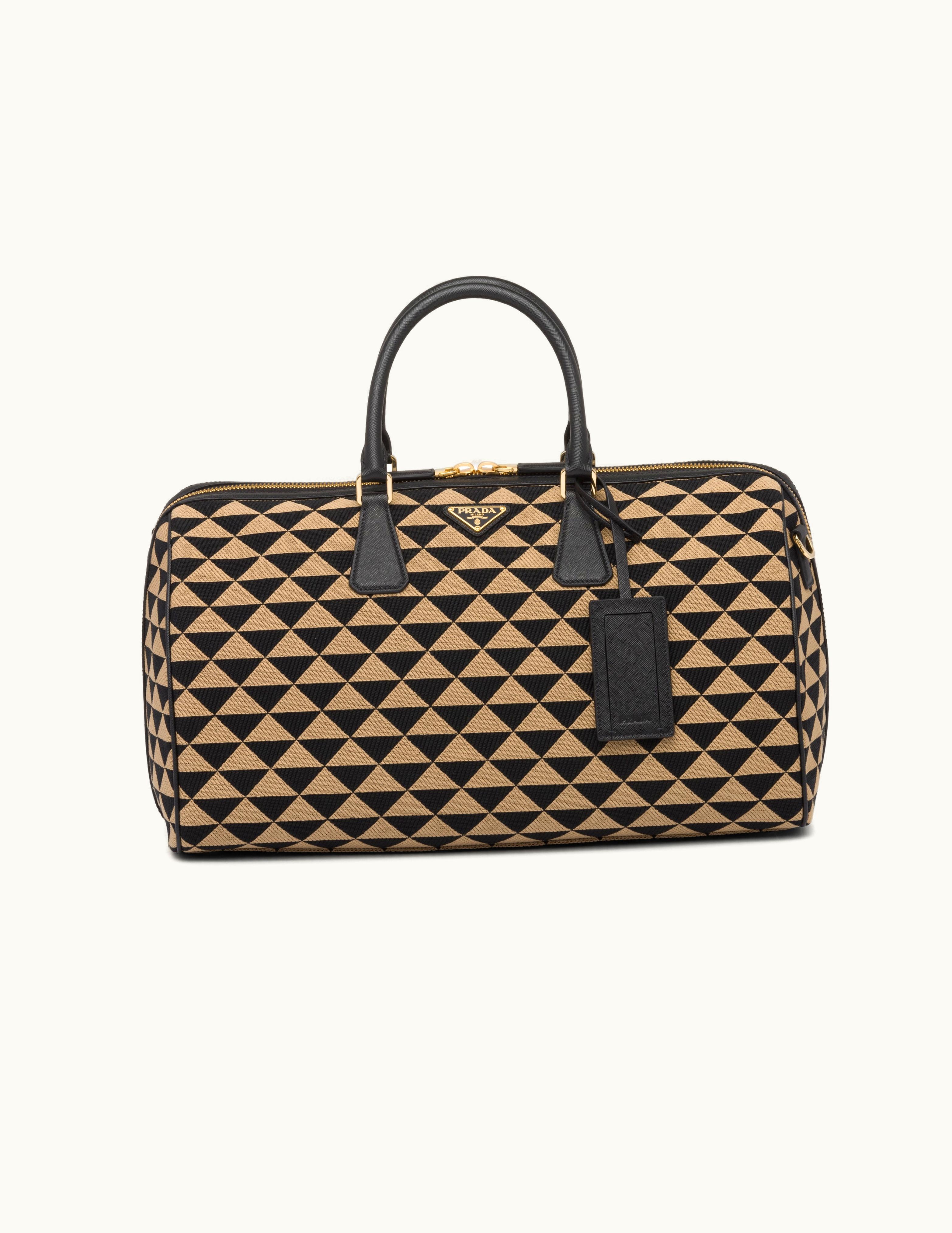 Prada Black / Beige Medium Prada Symbole Embroidered Fabric Travel Bag