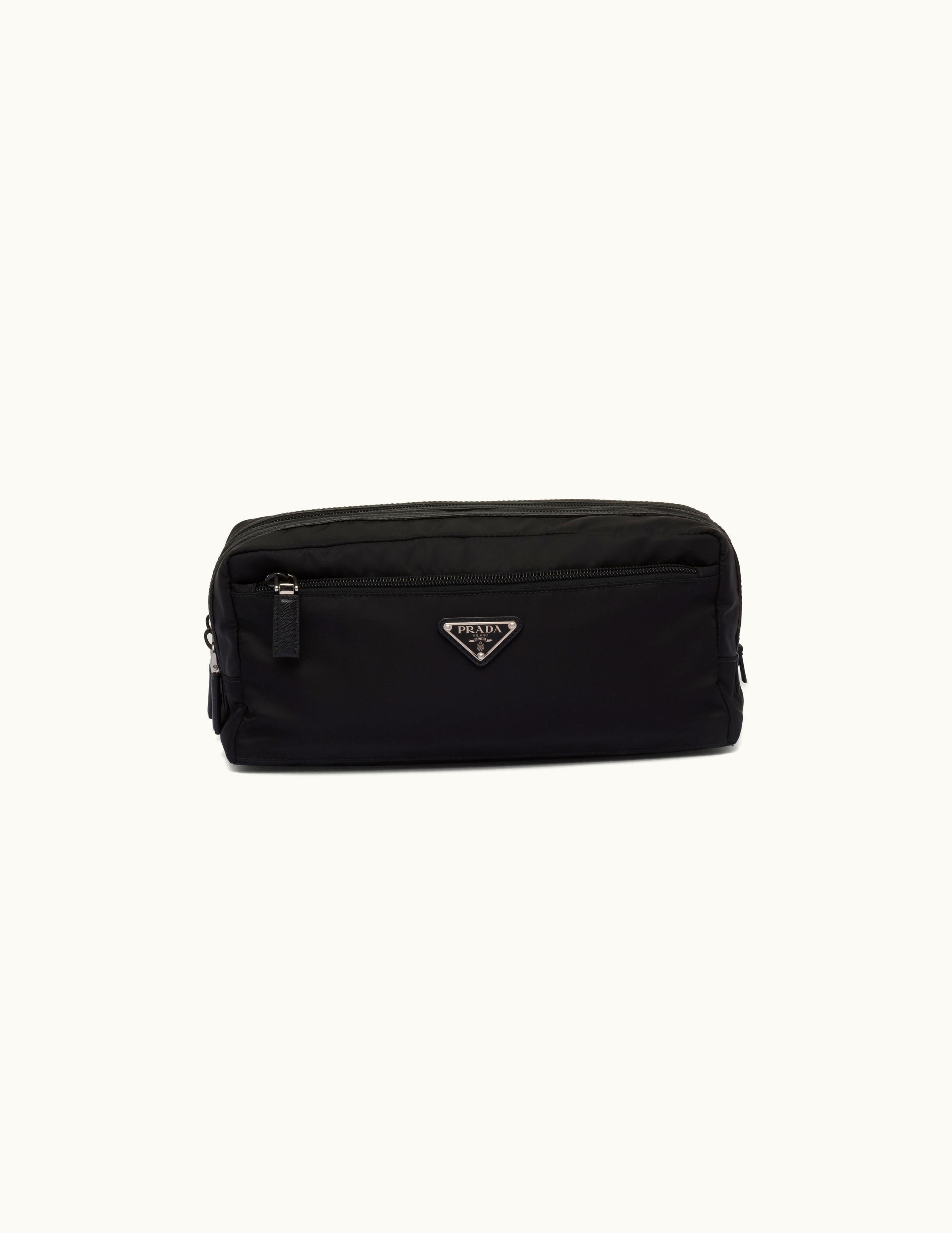 Prada Prada Black Re-nylon And Saffiano Leather Travel Pouch with Metal Triangle Logo