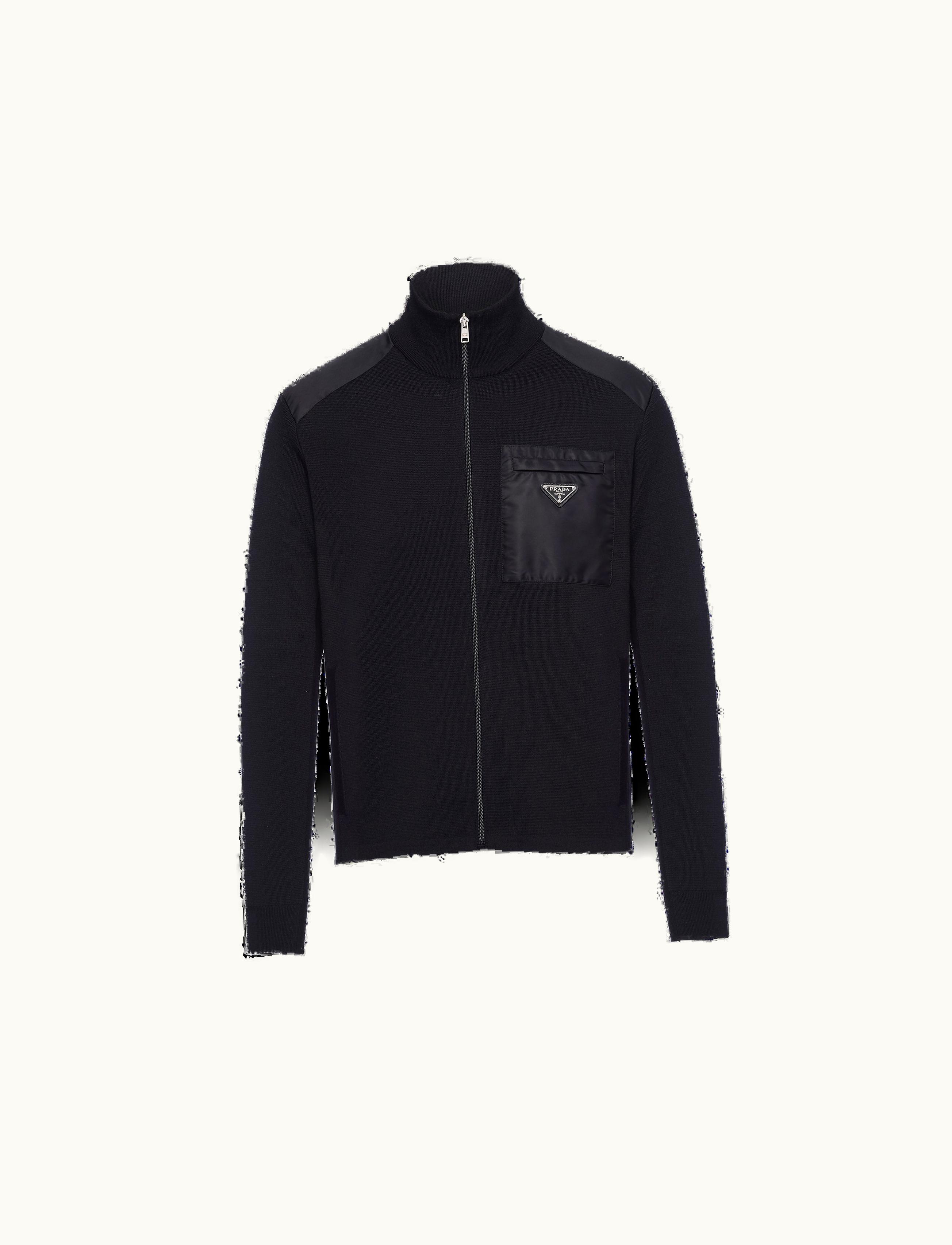 Prada Prada Black Re-nylon Gabardine And Wool Knit Cardigan