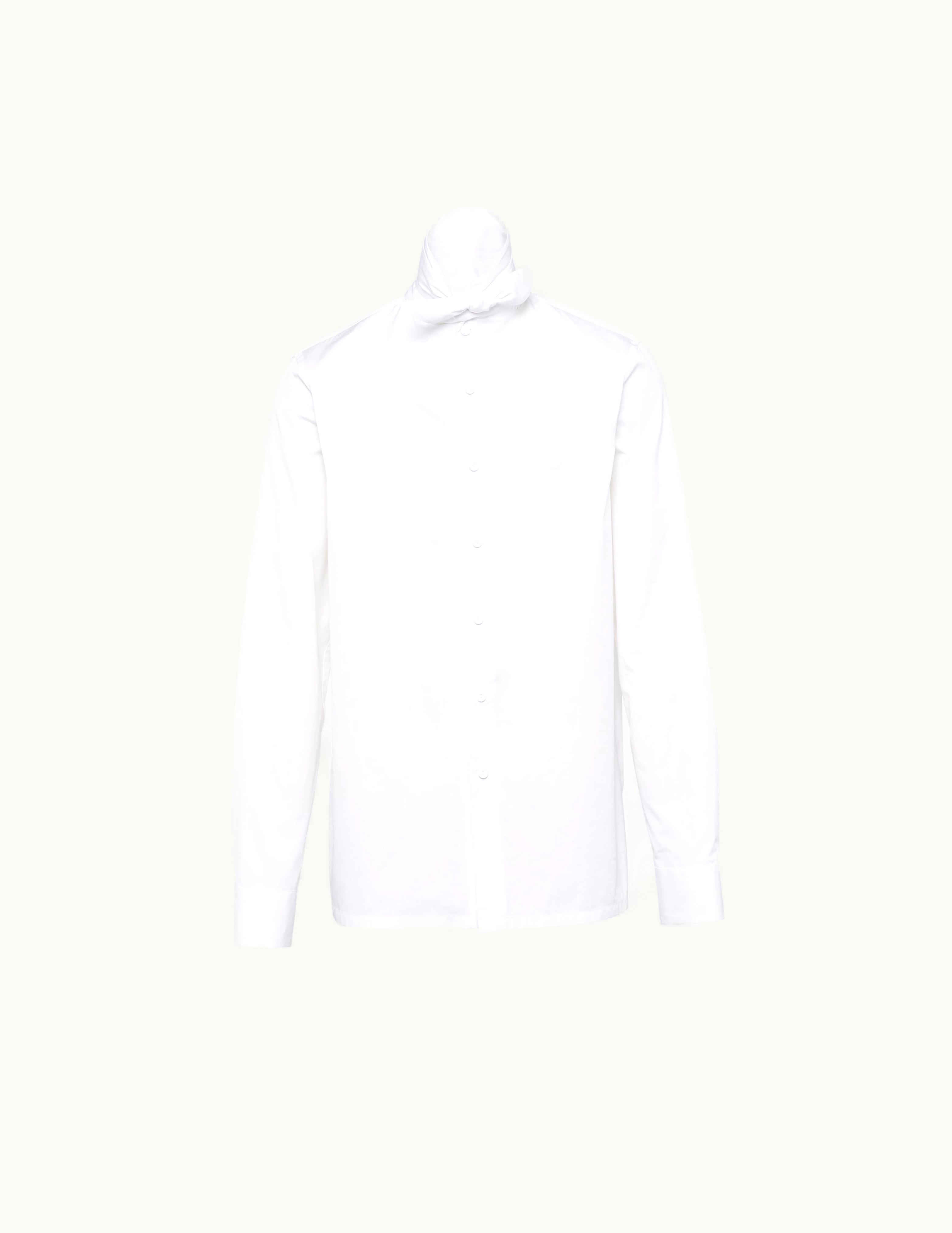 Prada Prada Ribbon-Tied Band Collar White Cotton Shirt
