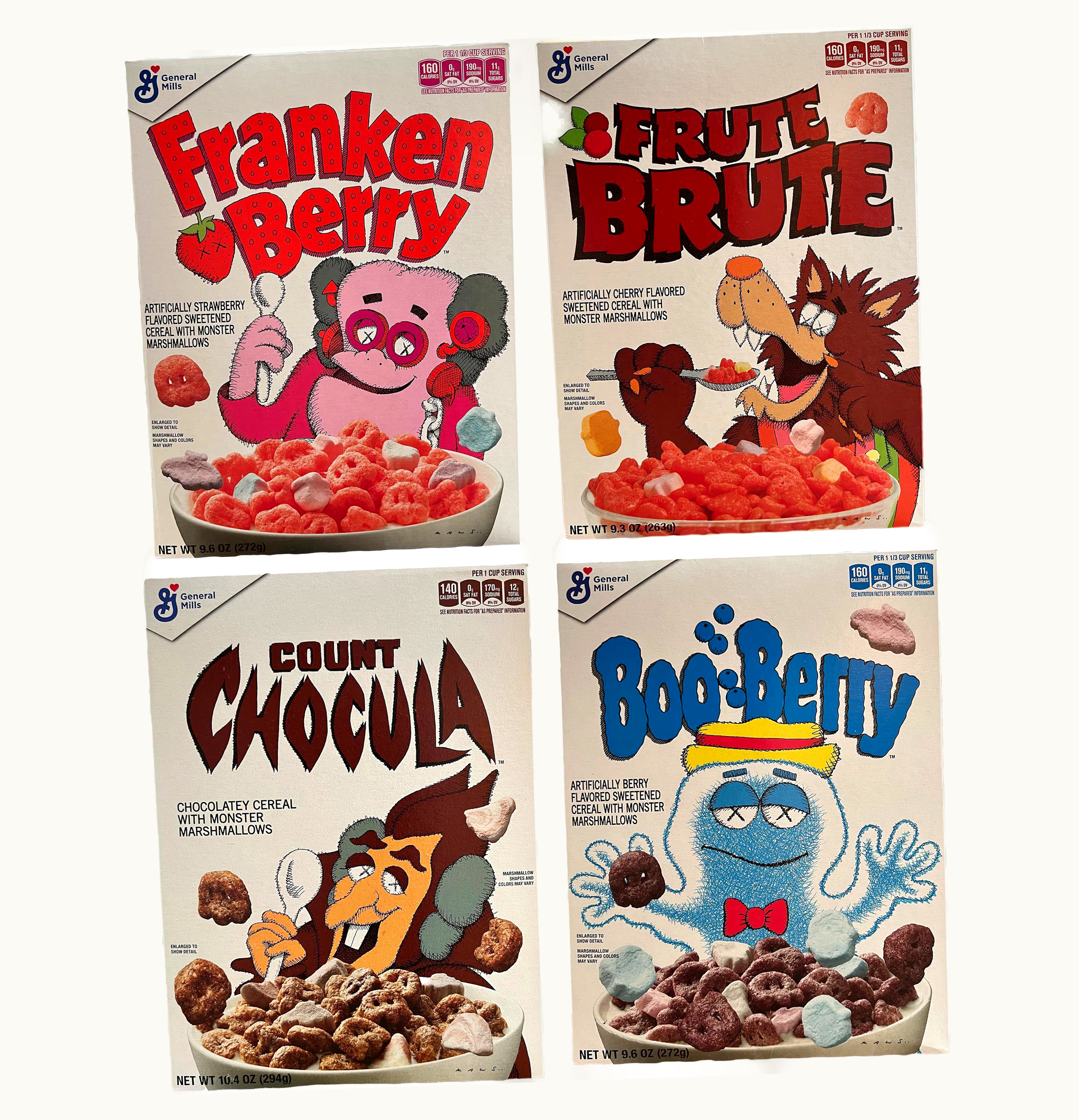 KAWS KAWS Monsters Franken Berry Count Chocula Boo Berry Frute Brute 4x Lot Not Fit For Human Consumption
