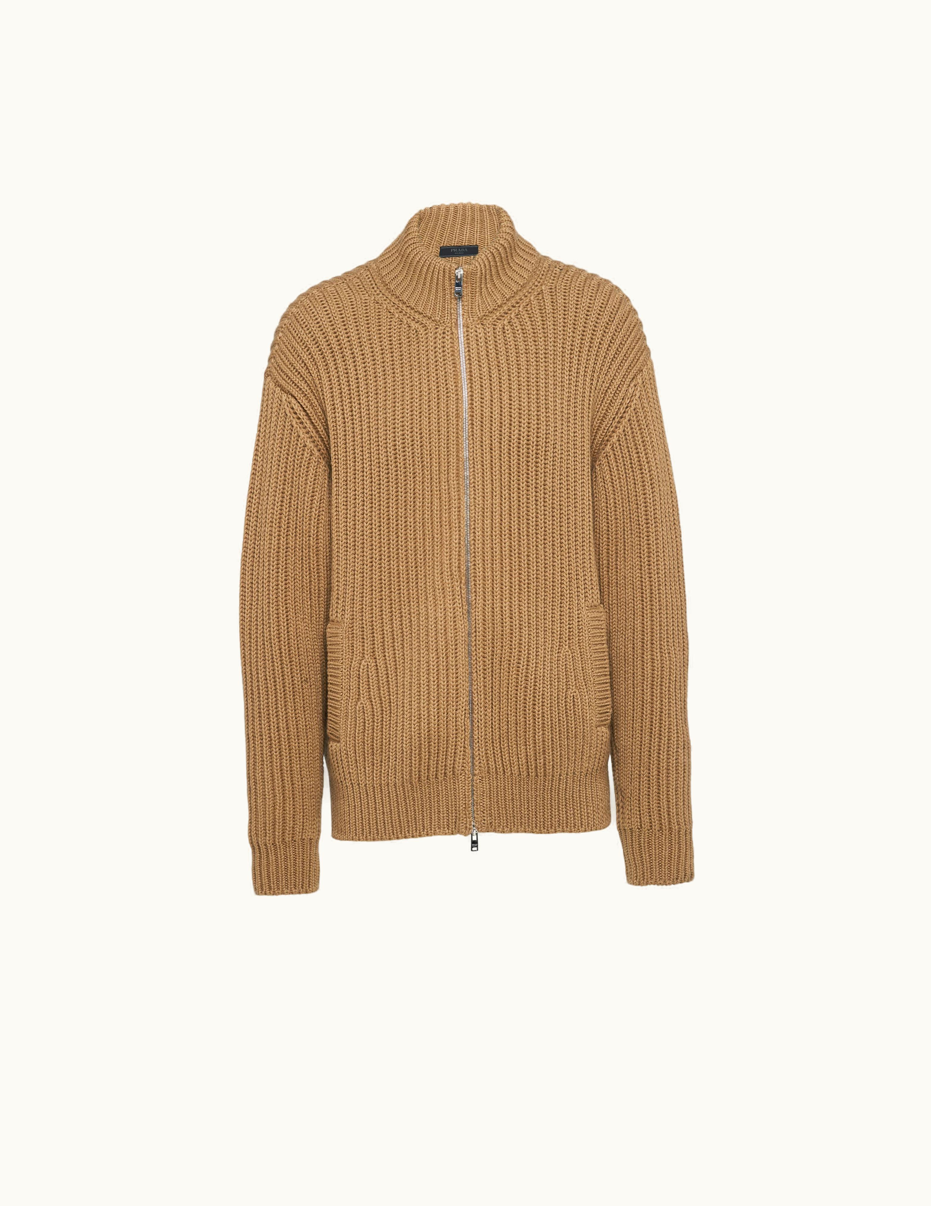 Prada Prada Luxe Cashmere Blend Zip Cardigan Camel Brown