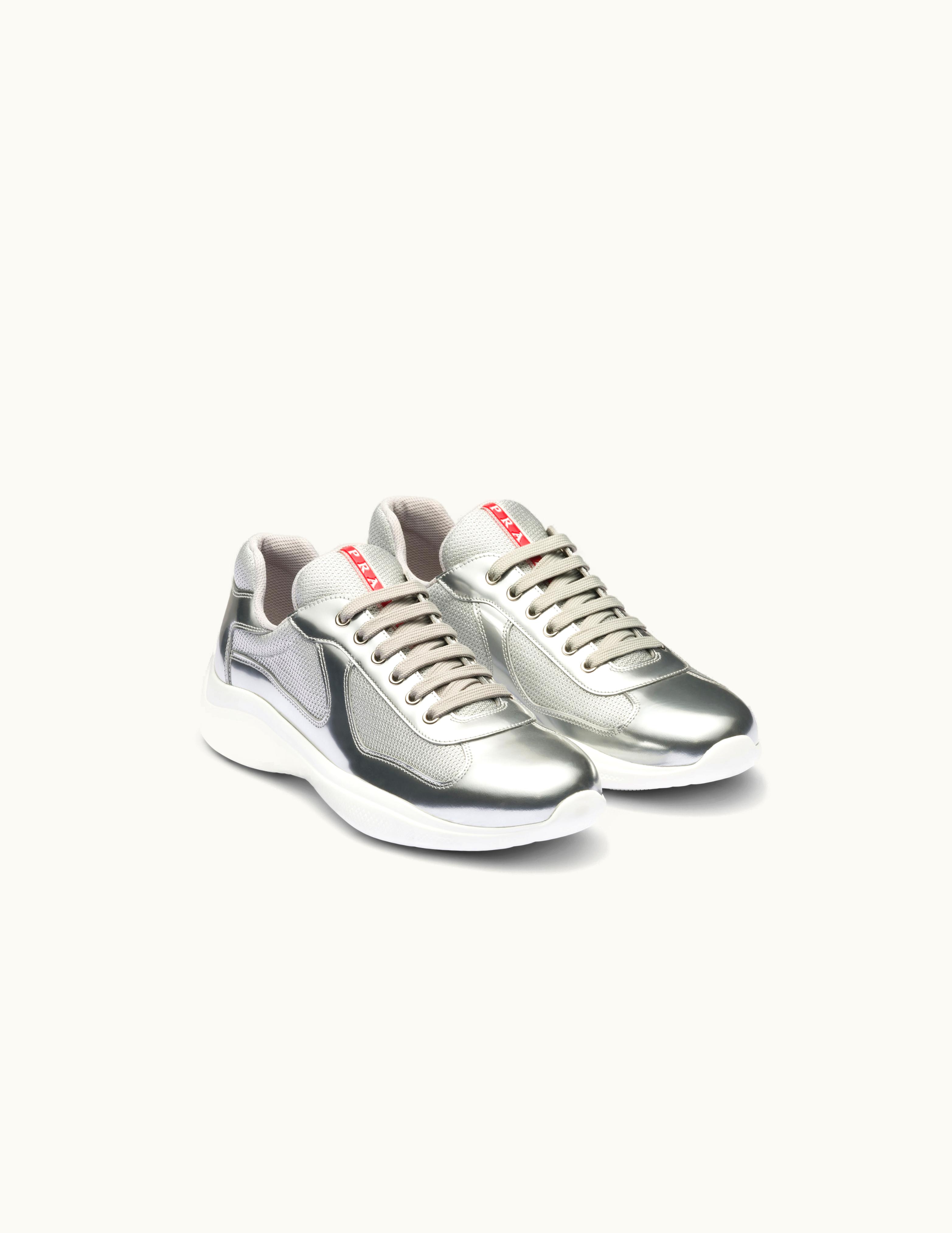 Prada Silver Prada America's Cup Metallic Leather And Bike Fabric Sneakers