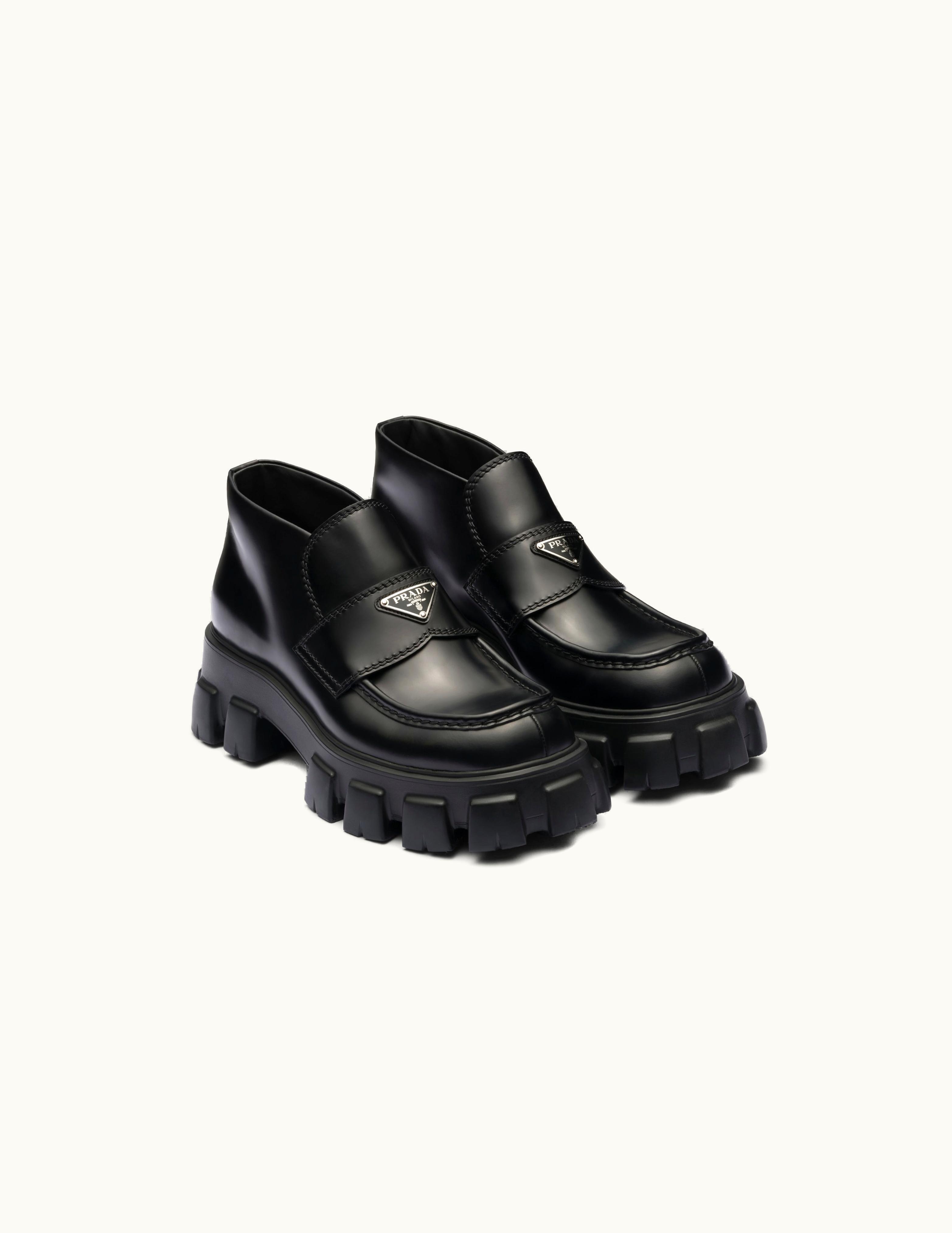 Prada Prada Black Monolith Brushed Leather Flatform Loafers