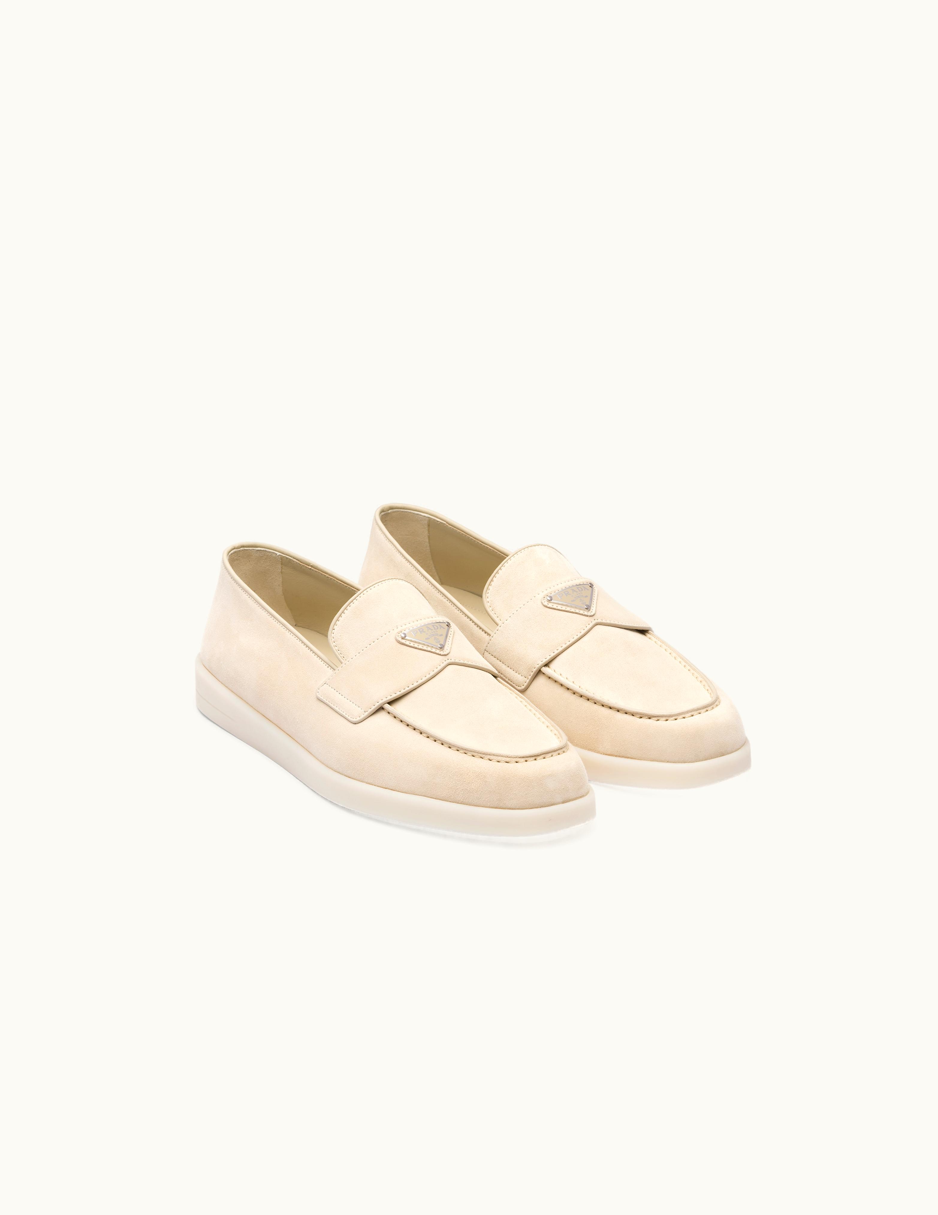 Prada Prada Triangolo Logo Suede Loafers Beige