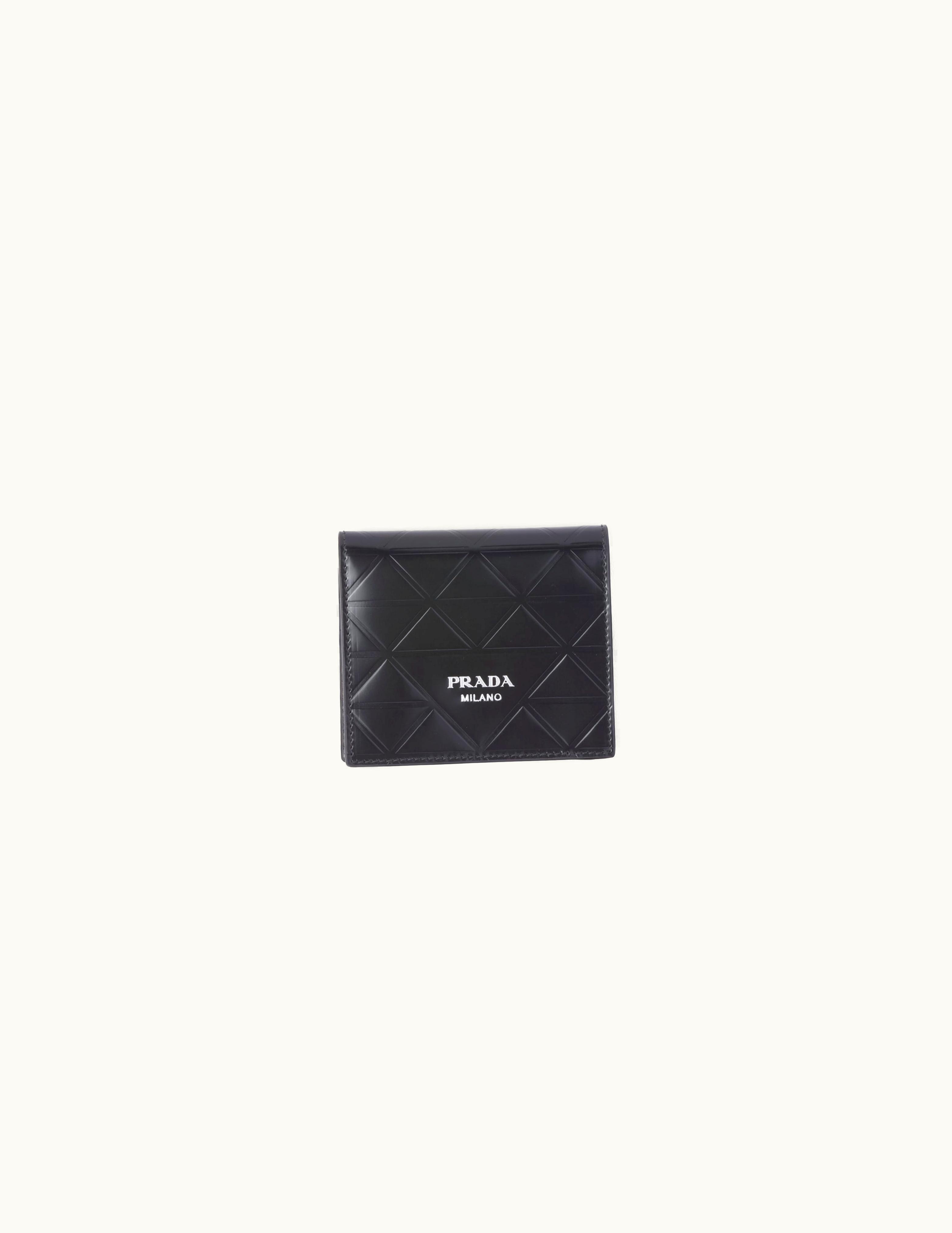 Prada Prada Triangle Patterned Black Leather Wallet