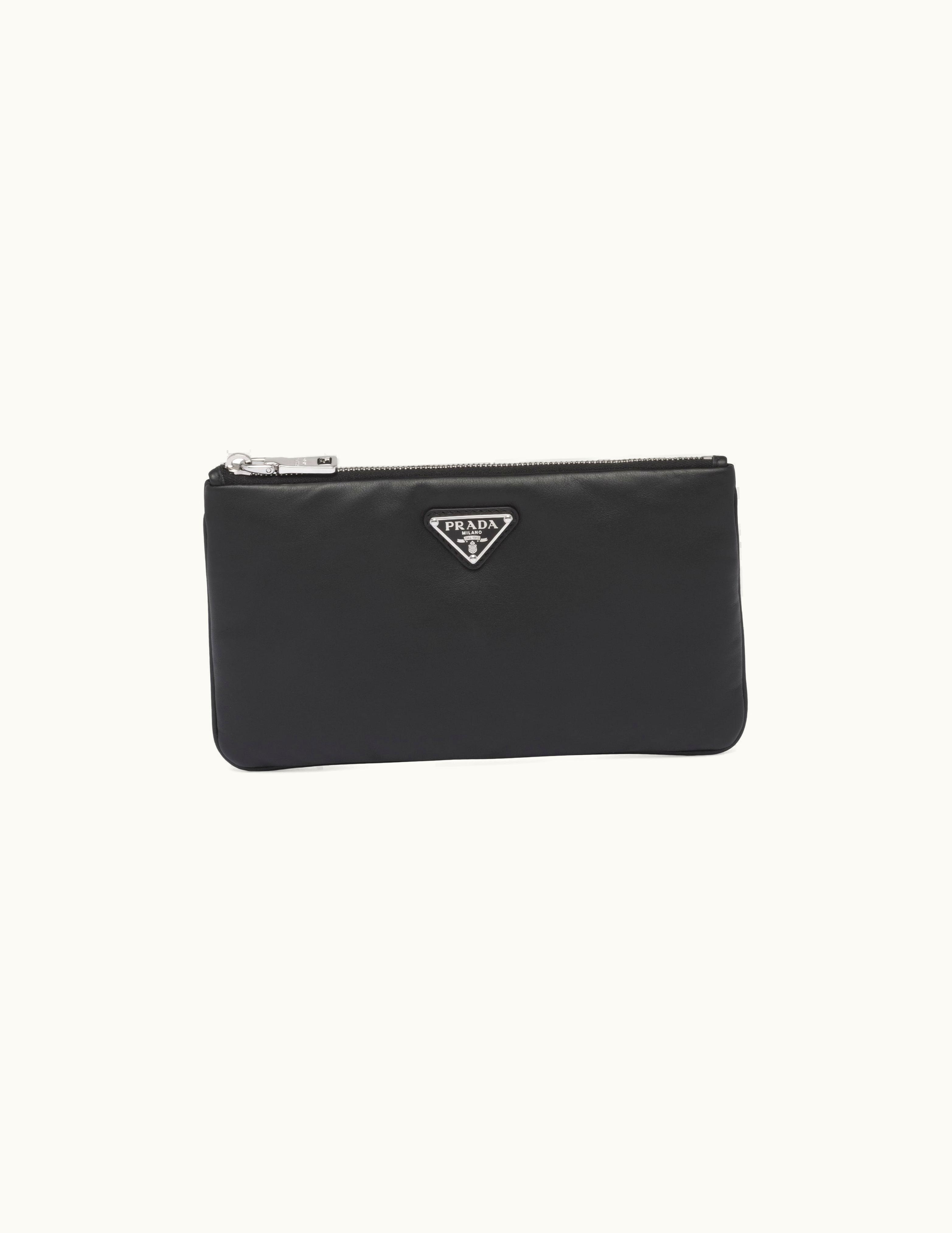 Prada Prada Re-Nylon Metal Triangle Logo Leather Pouch Black