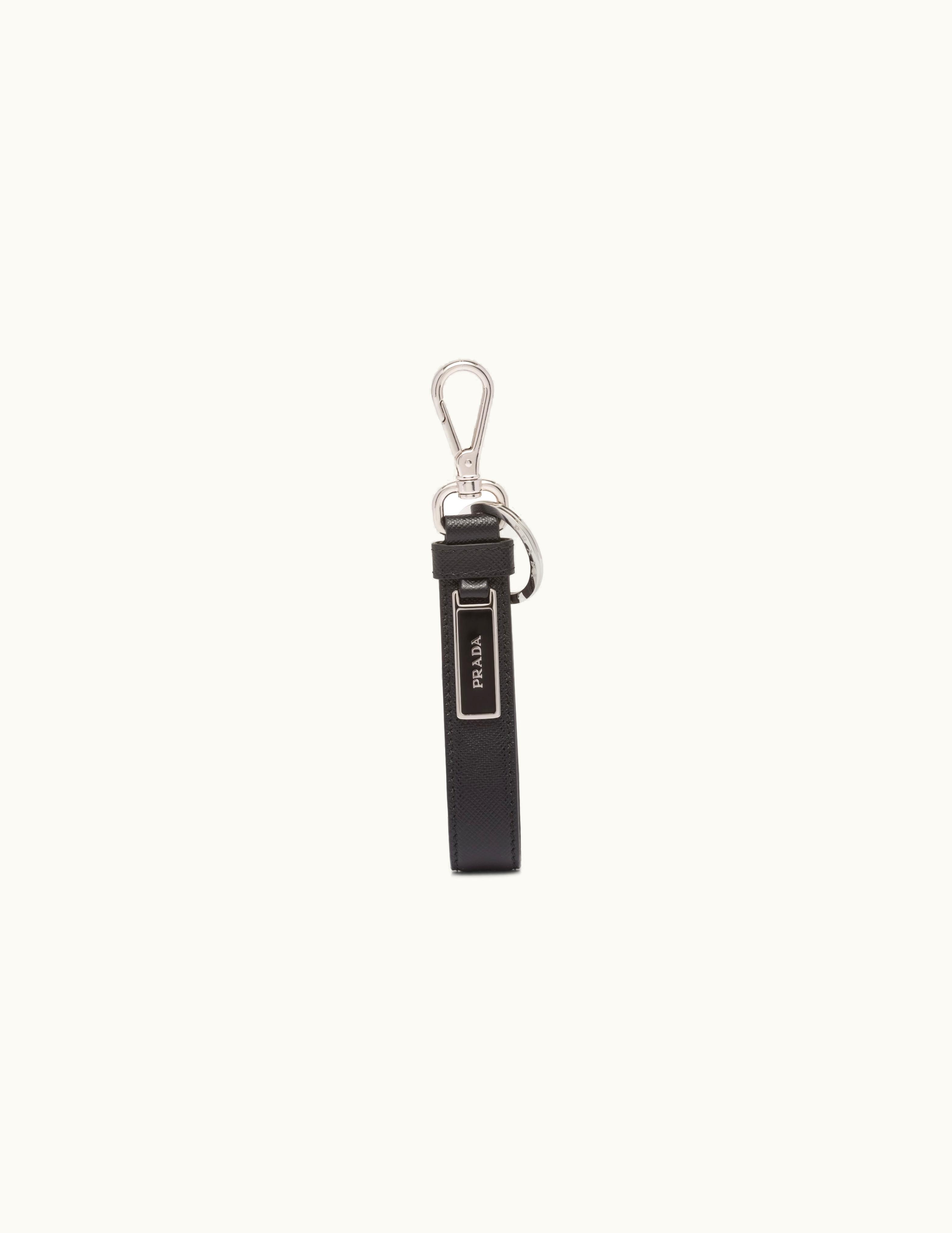 Prada Prada Enameled Plate Saffiano Leather Keychain Black