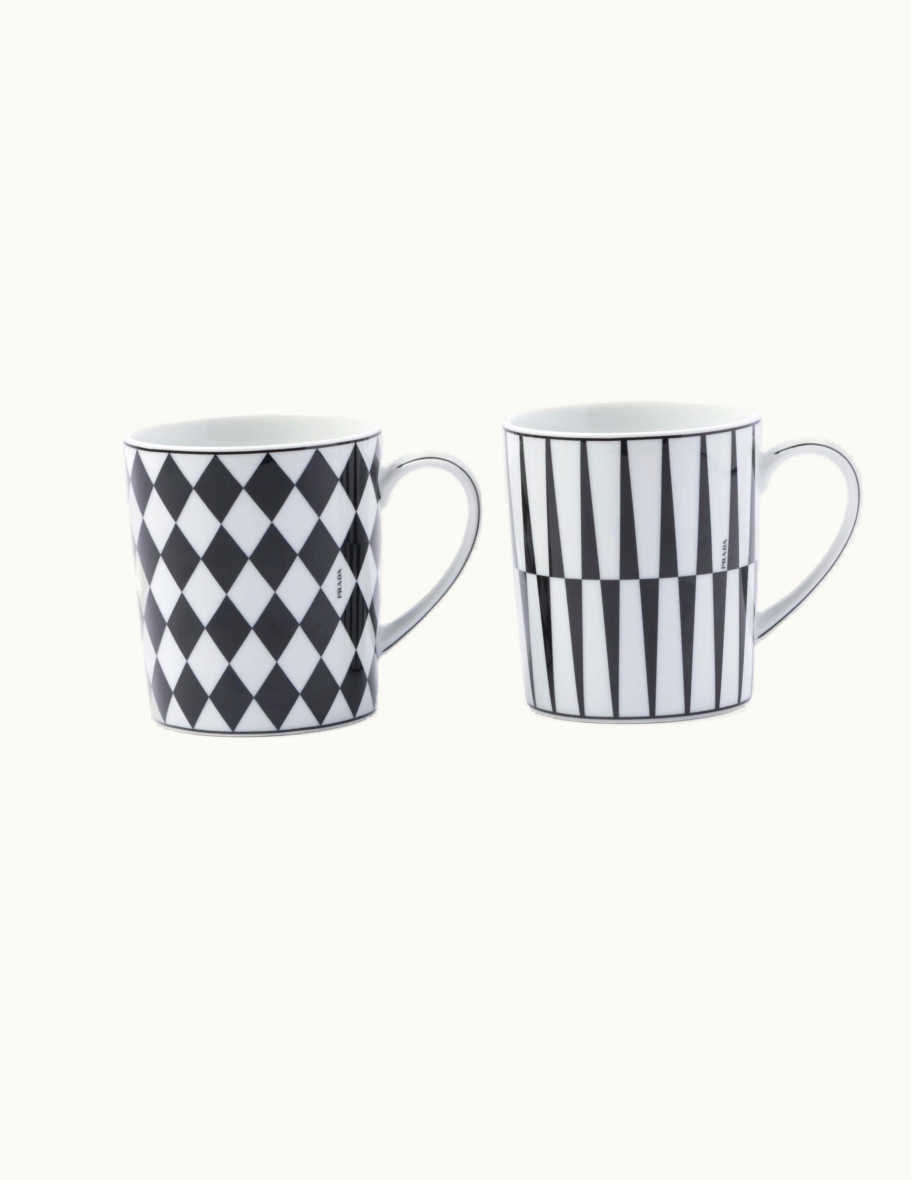 Prada Prada White / Black Set Of Two Porcelain Mugs - Checkerboard And Stripes