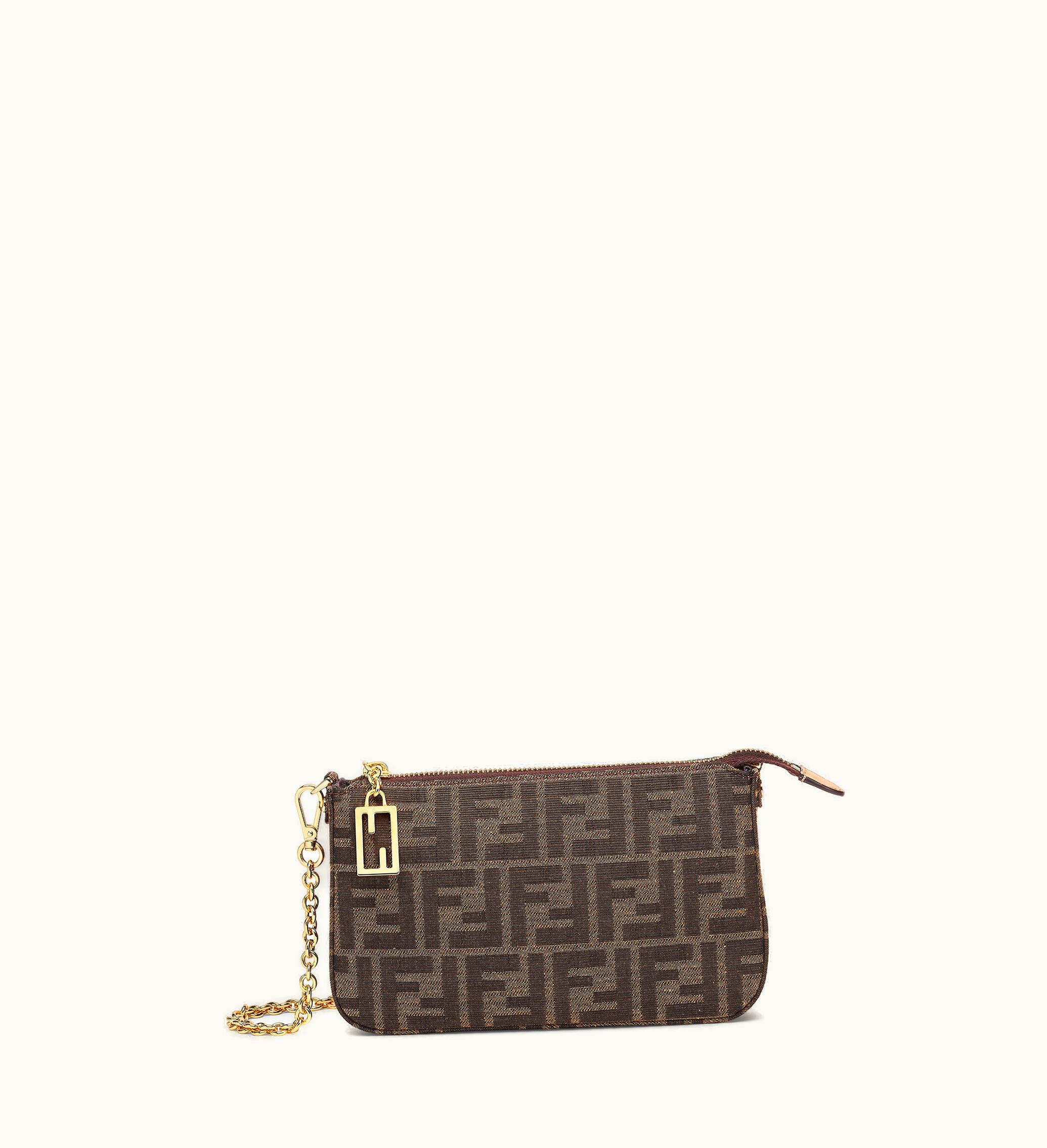 Fendi Fendi Baguette Pouch - Brown Jacquard FF Fabric Clutch With Chain