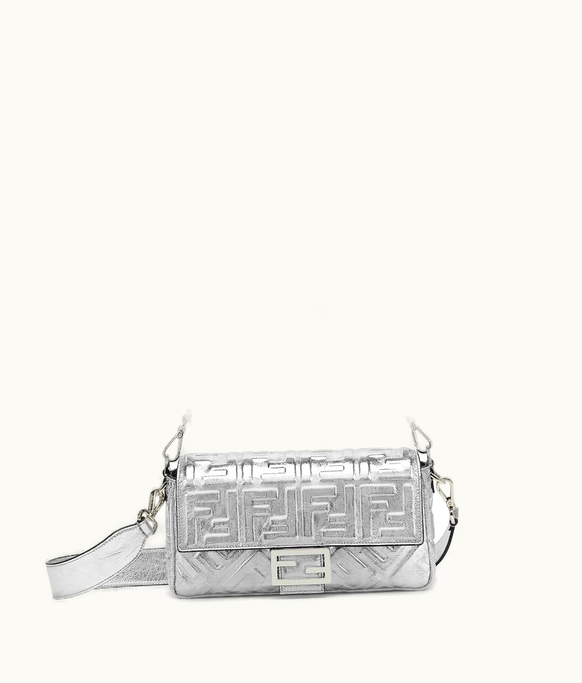 Fendi Fendi Baguette - Silver Craquelé Leather Bag With FF Motif