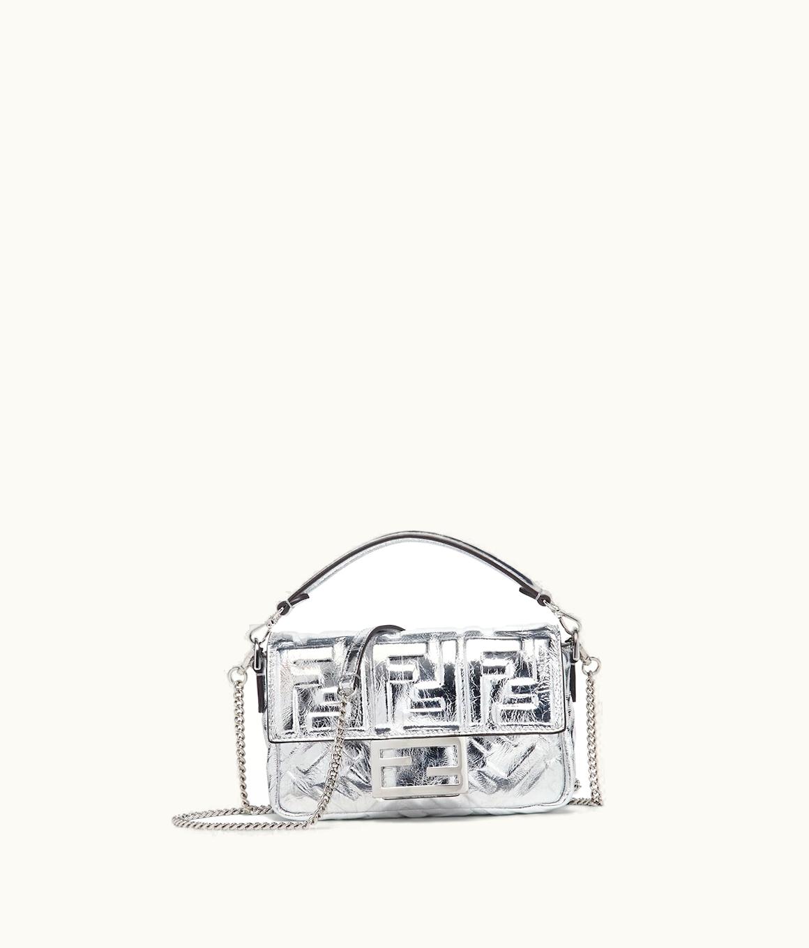 Fendi Fendi Baguette Mini - Silver Craquelé Leather Bag With FF Motif